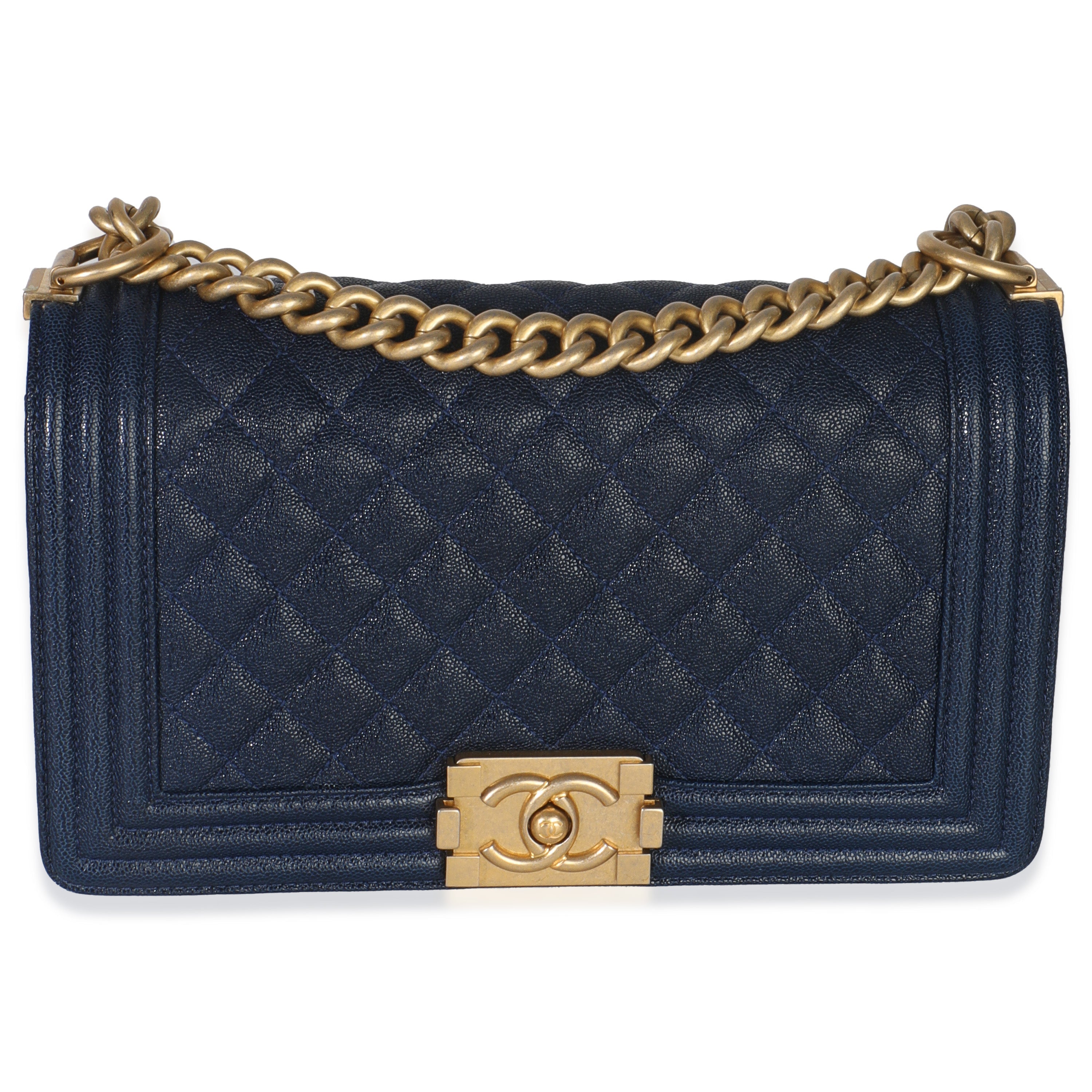 Navy Quilted Caviar Old Medium Boy Handbag