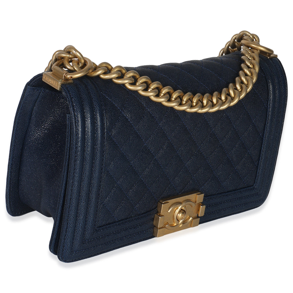 Navy Quilted Caviar Old Medium Boy Handbag