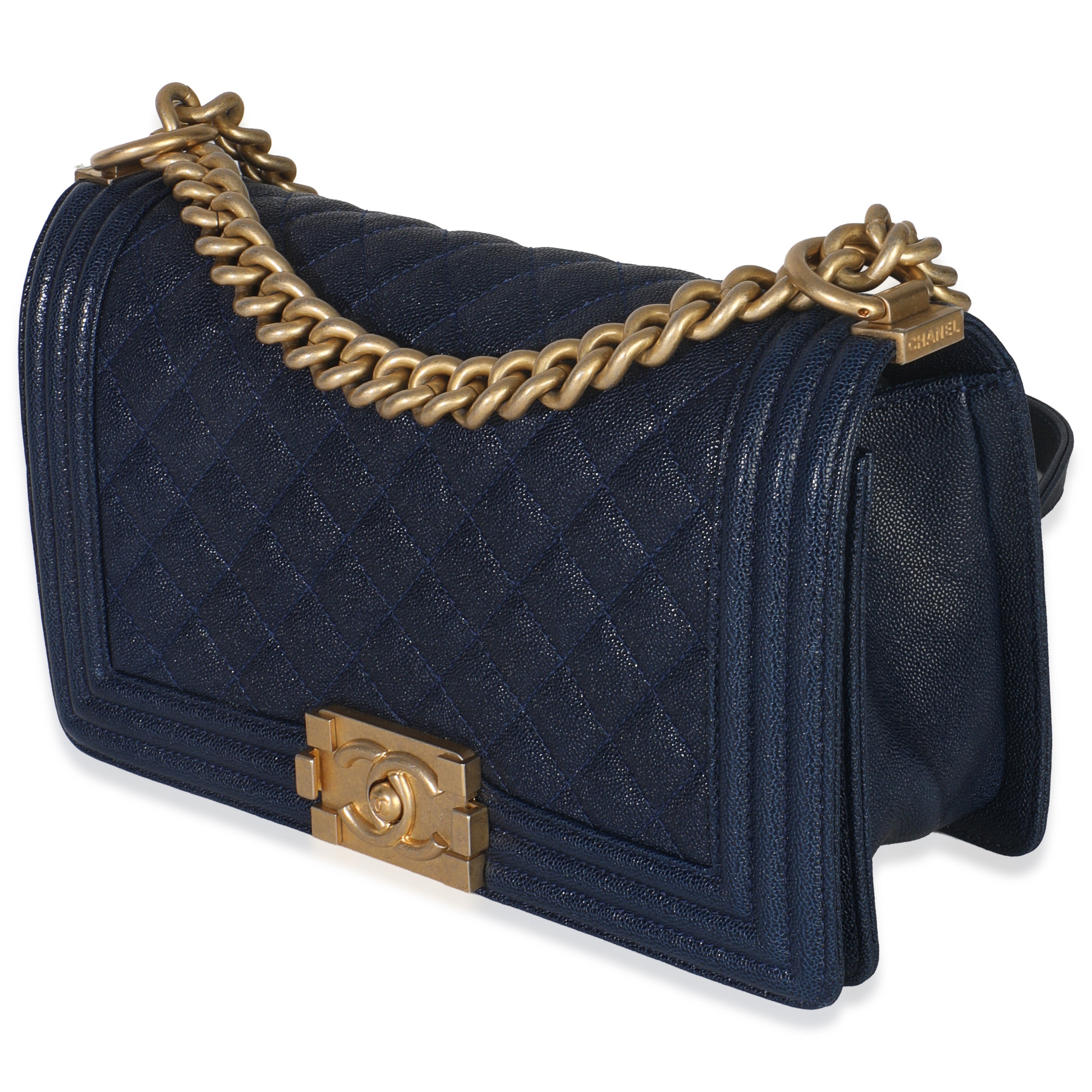 Navy Quilted Caviar Old Medium Boy Handbag