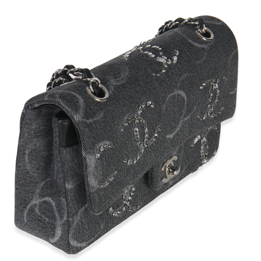 Black Denim Sequin CC Medium Classic Double Flap Bag
