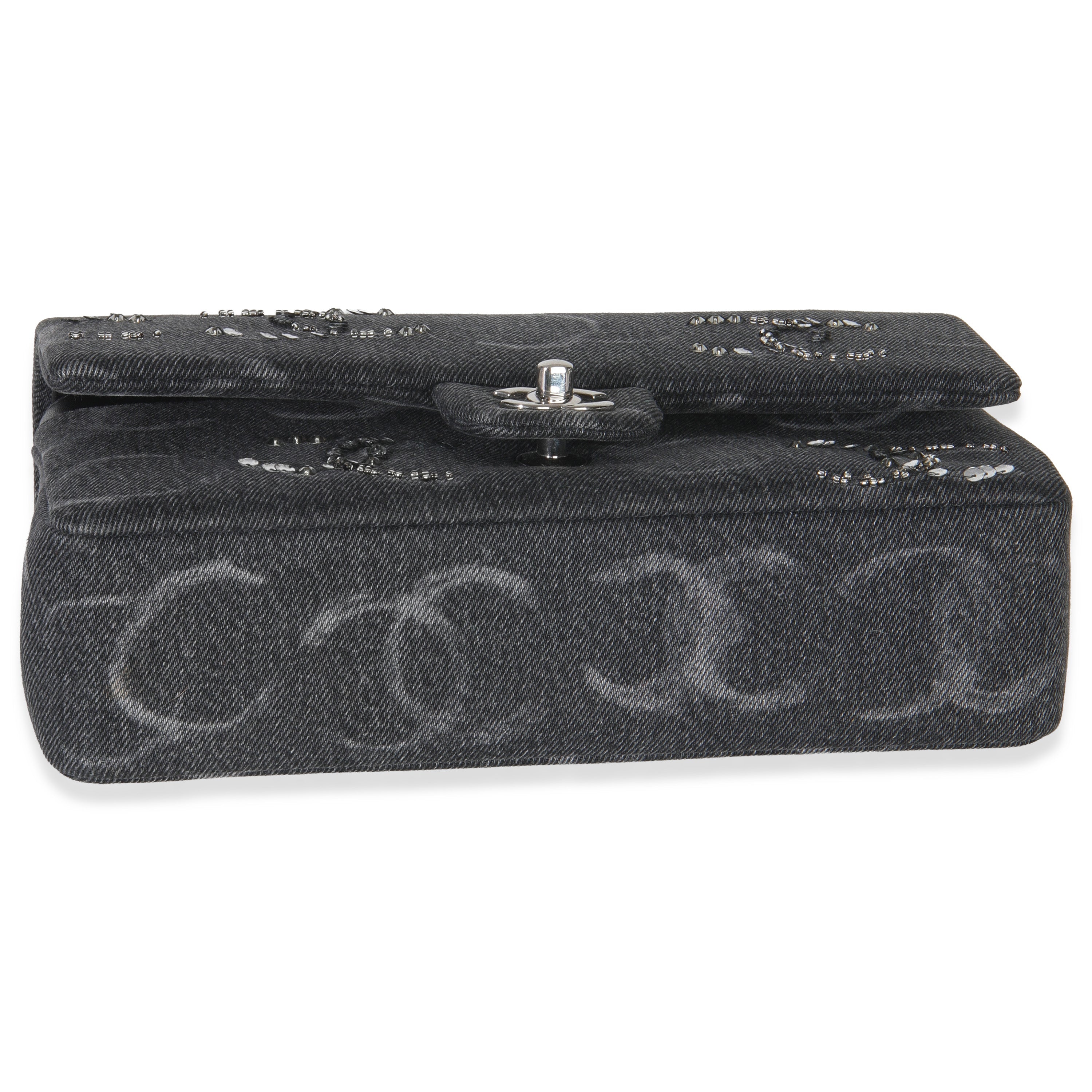Black Denim Sequin CC Medium Classic Double Flap Bag