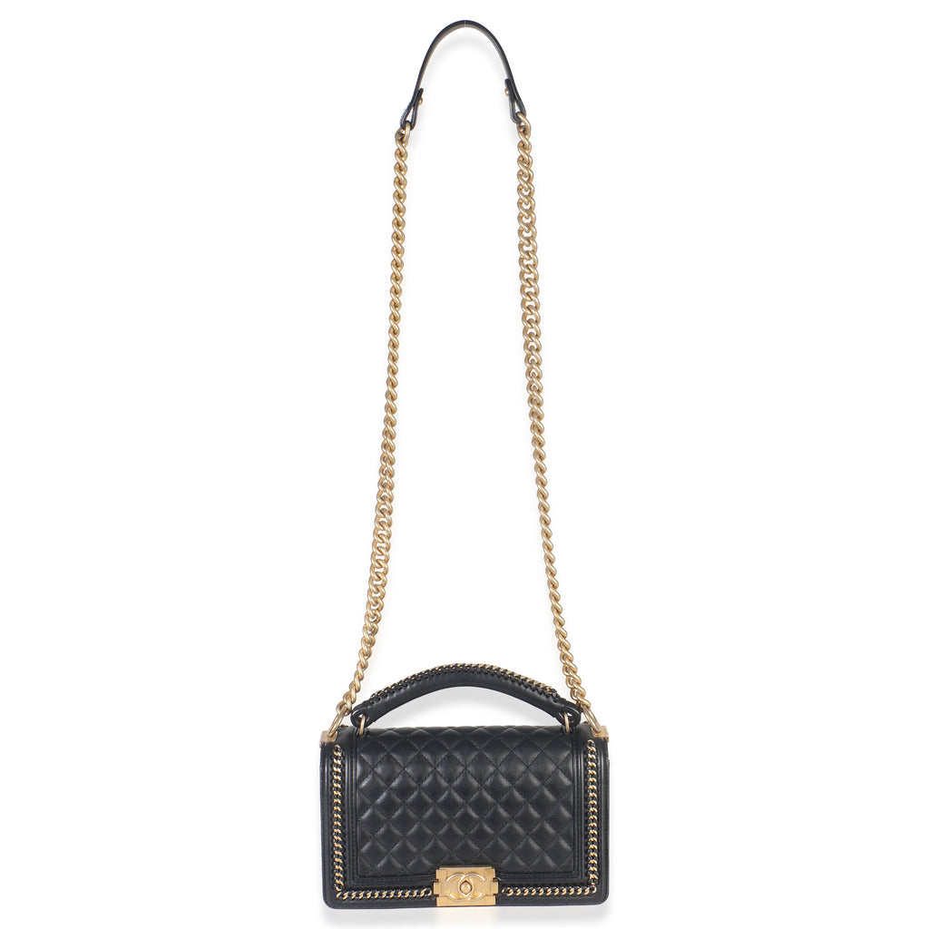 Black Quilted Calfskin Interwoven Chain Top Handle Boy Bag
