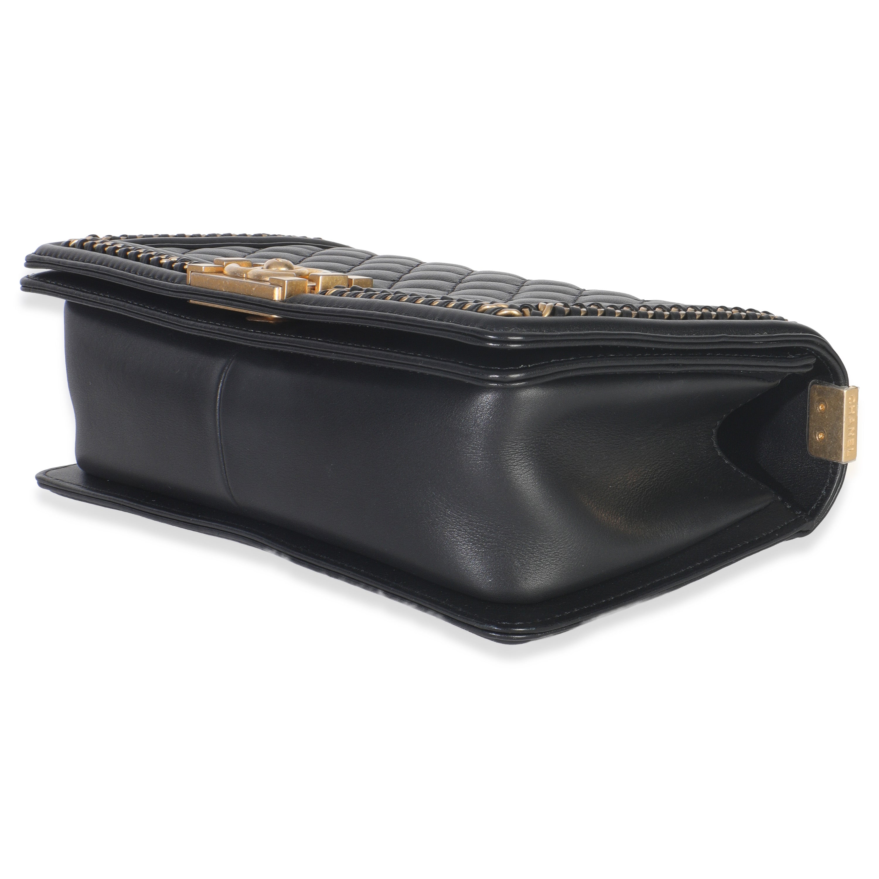 Black Quilted Calfskin Interwoven Chain Top Handle Boy Bag