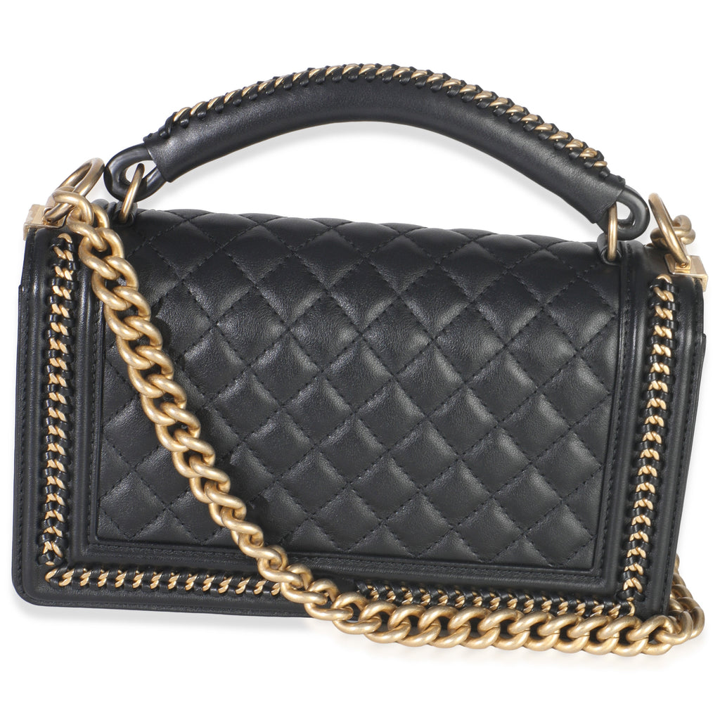 Black Quilted Calfskin Interwoven Chain Top Handle Boy Bag
