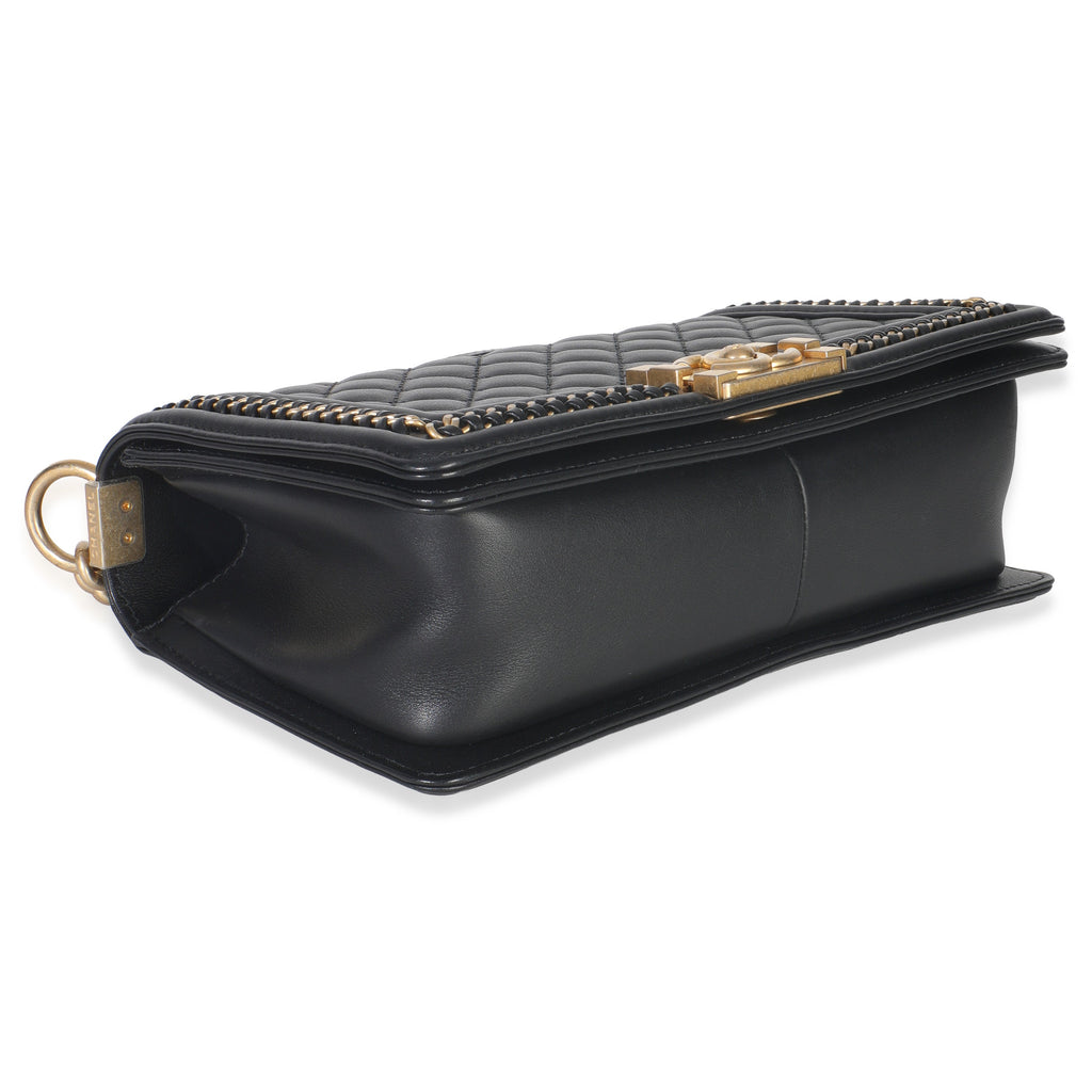 Black Quilted Calfskin Interwoven Chain Top Handle Boy Bag