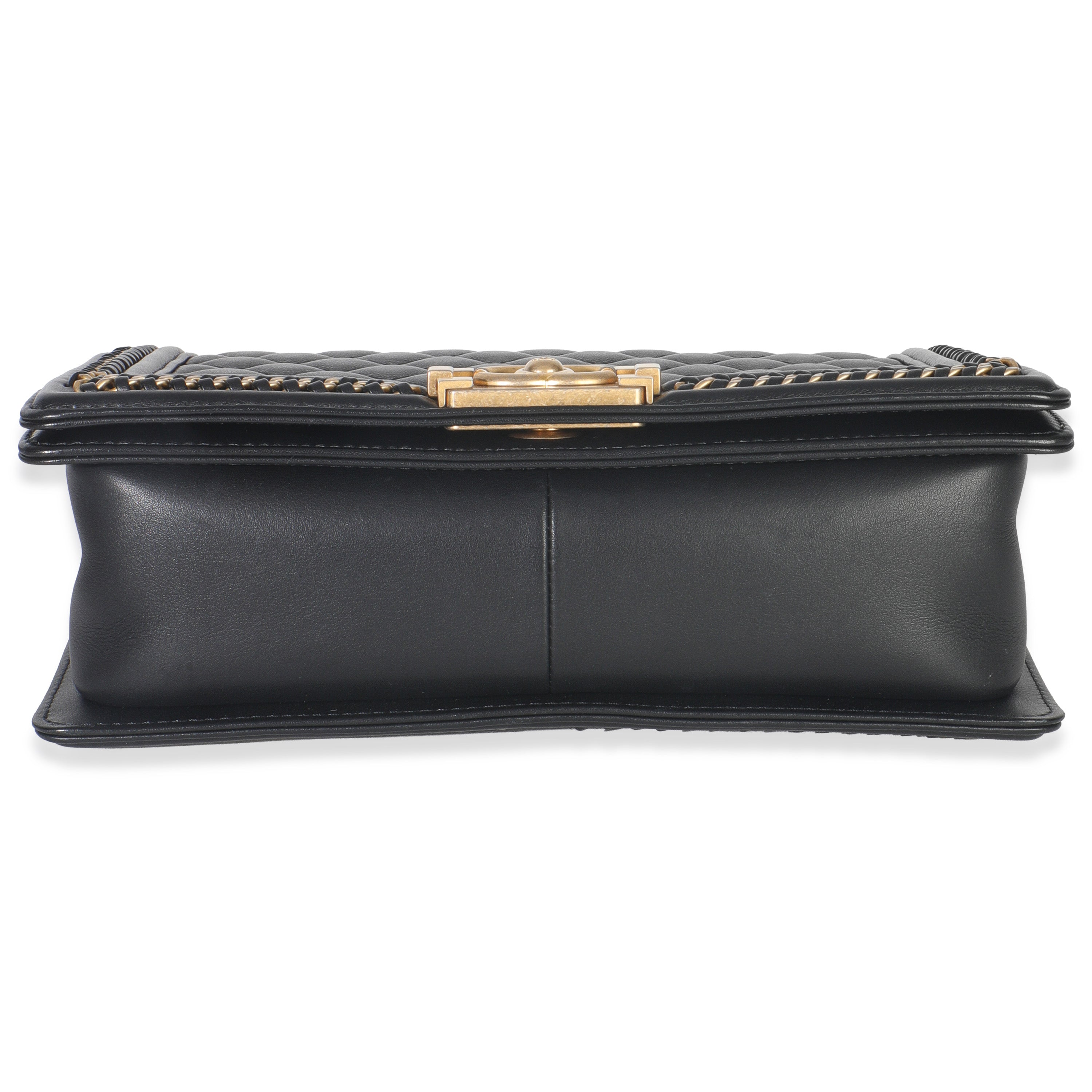 Black Quilted Calfskin Interwoven Chain Top Handle Boy Bag