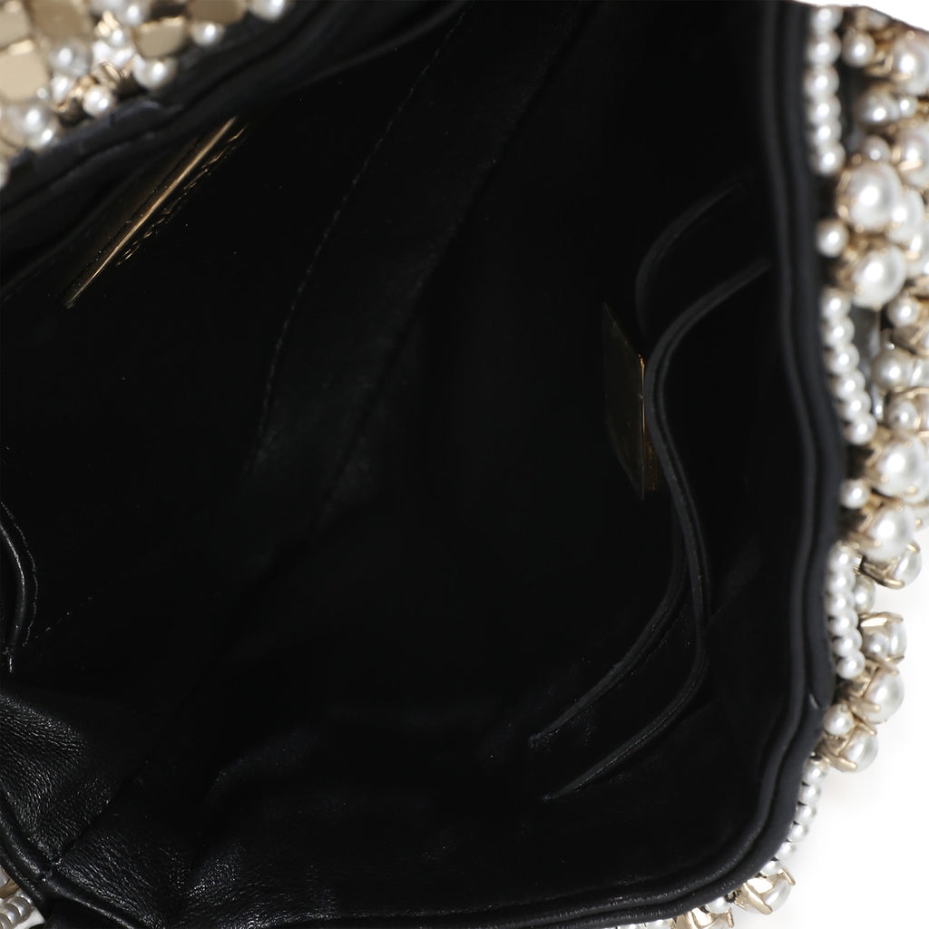 Black Gold Metal Pearl Embellished Mini Flap Bag