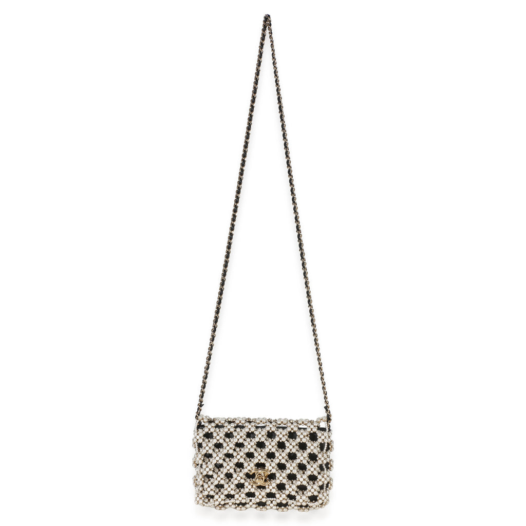 Black Gold Metal Pearl Embellished Mini Flap Bag