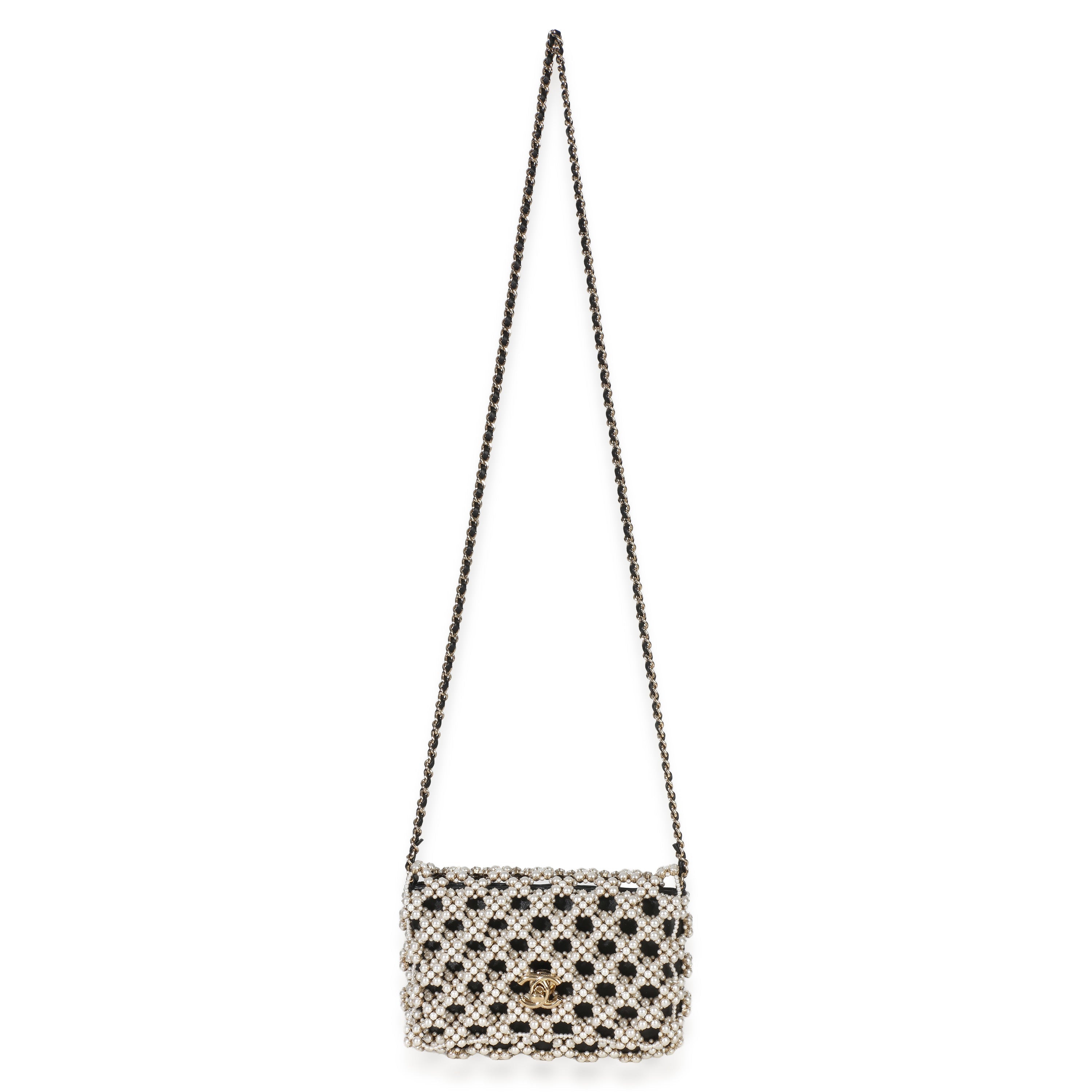 Black Gold Metal Pearl Embellished Mini Flap Bag