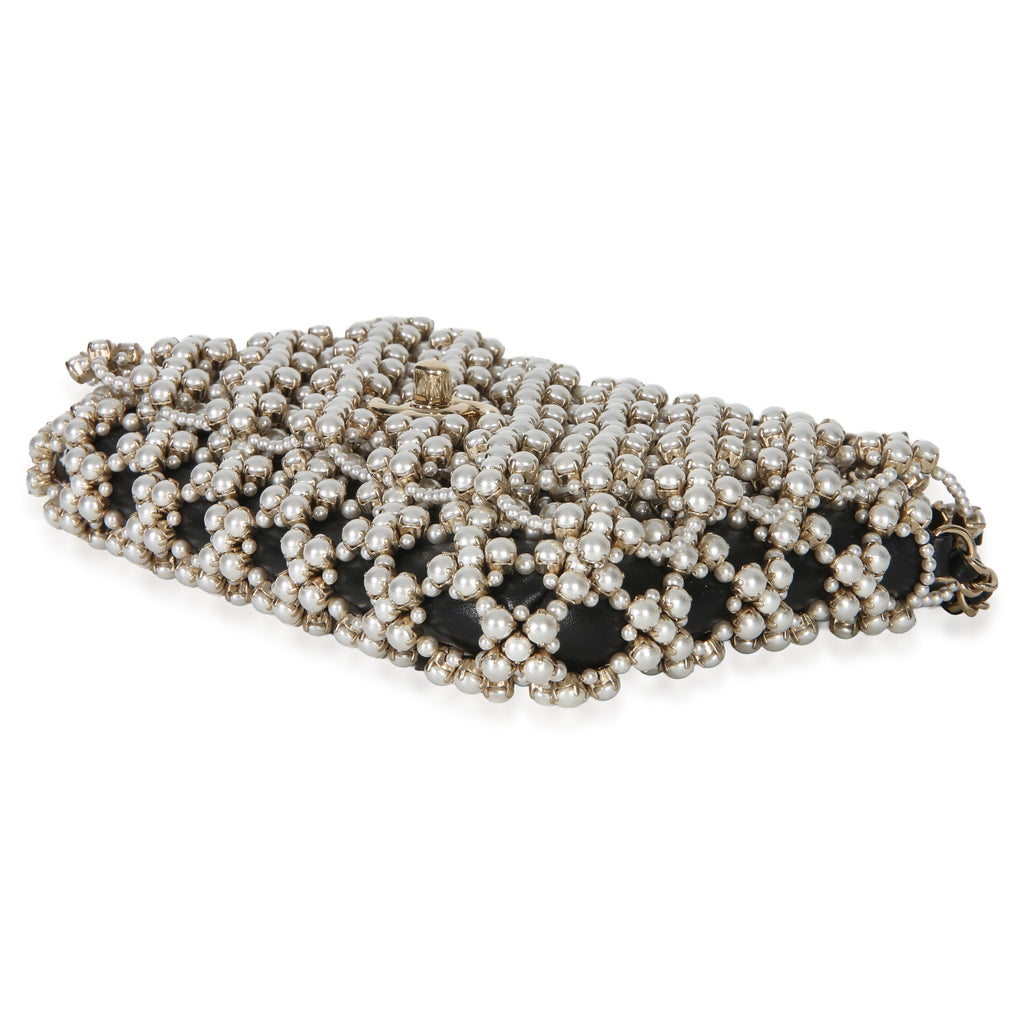Black Gold Metal Pearl Embellished Mini Flap Bag