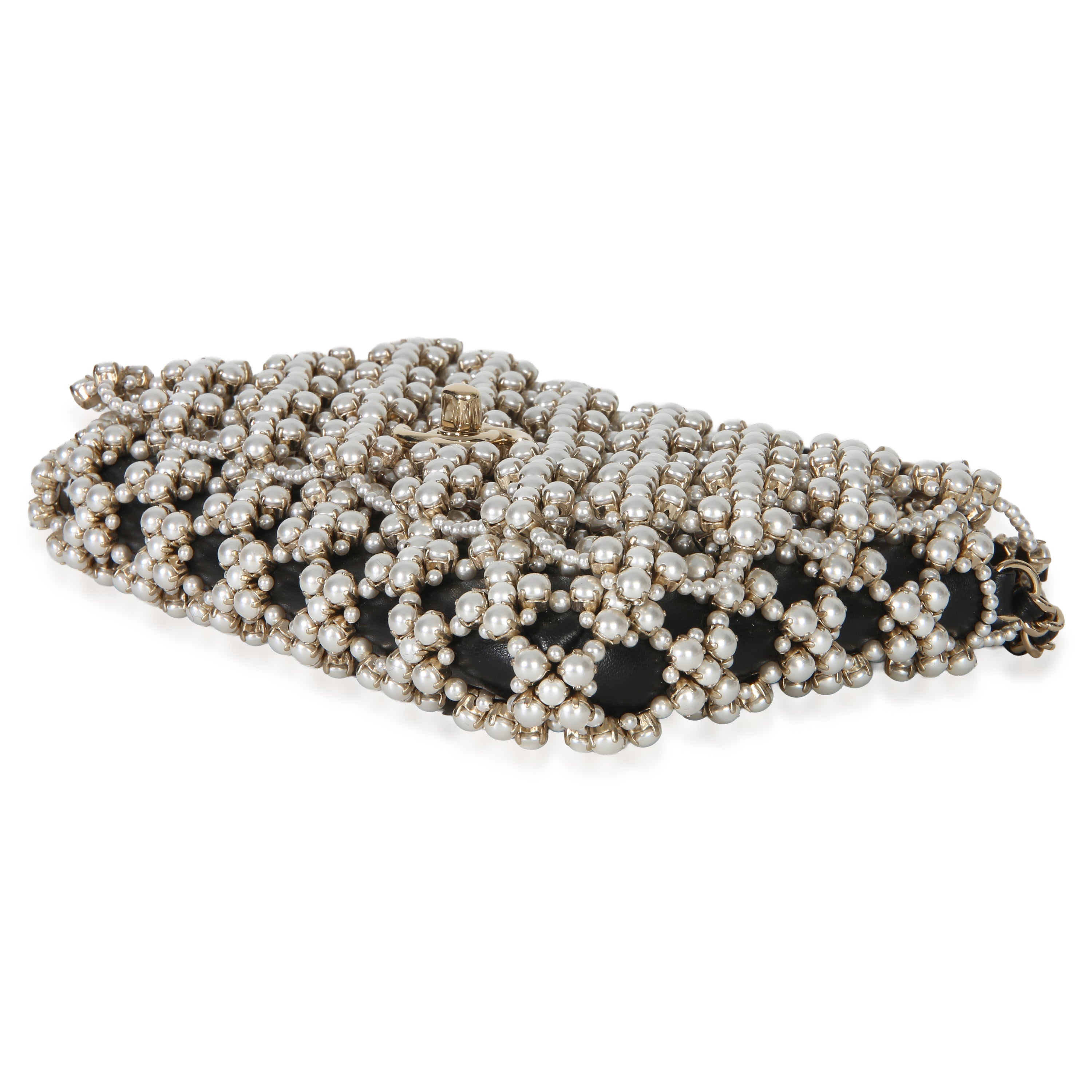 Black Gold Metal Pearl Embellished Mini Flap Bag