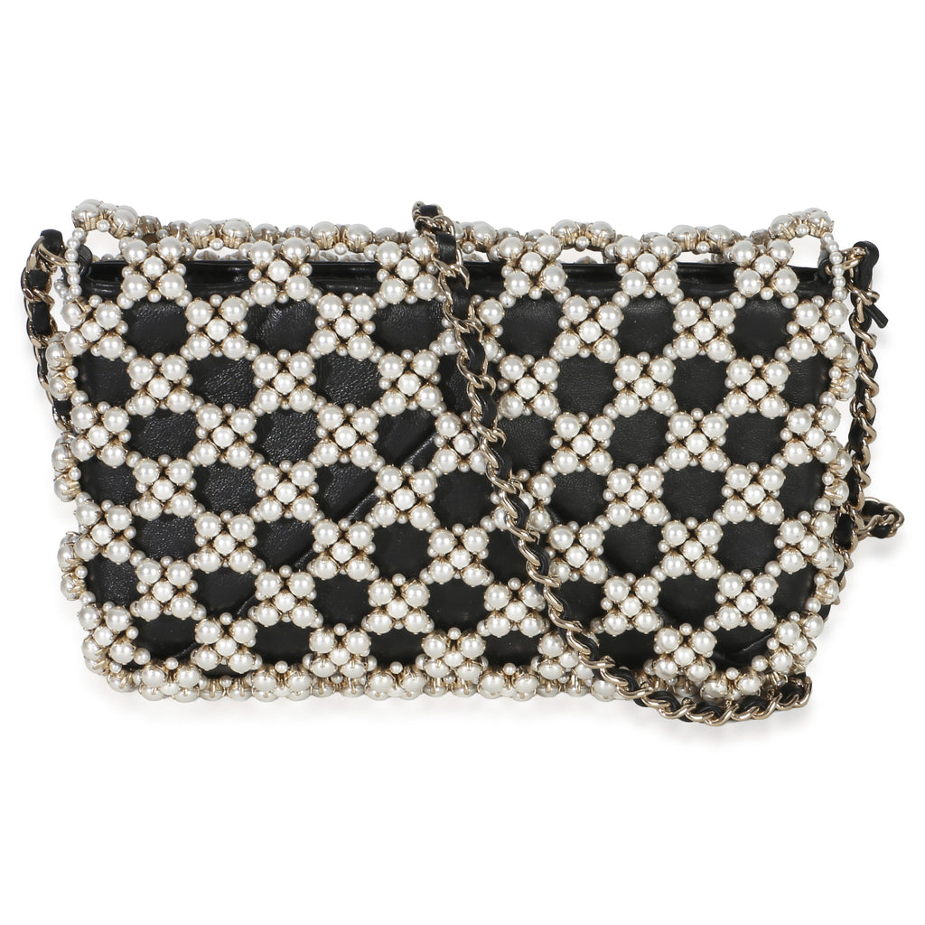 Black Gold Metal Pearl Embellished Mini Flap Bag