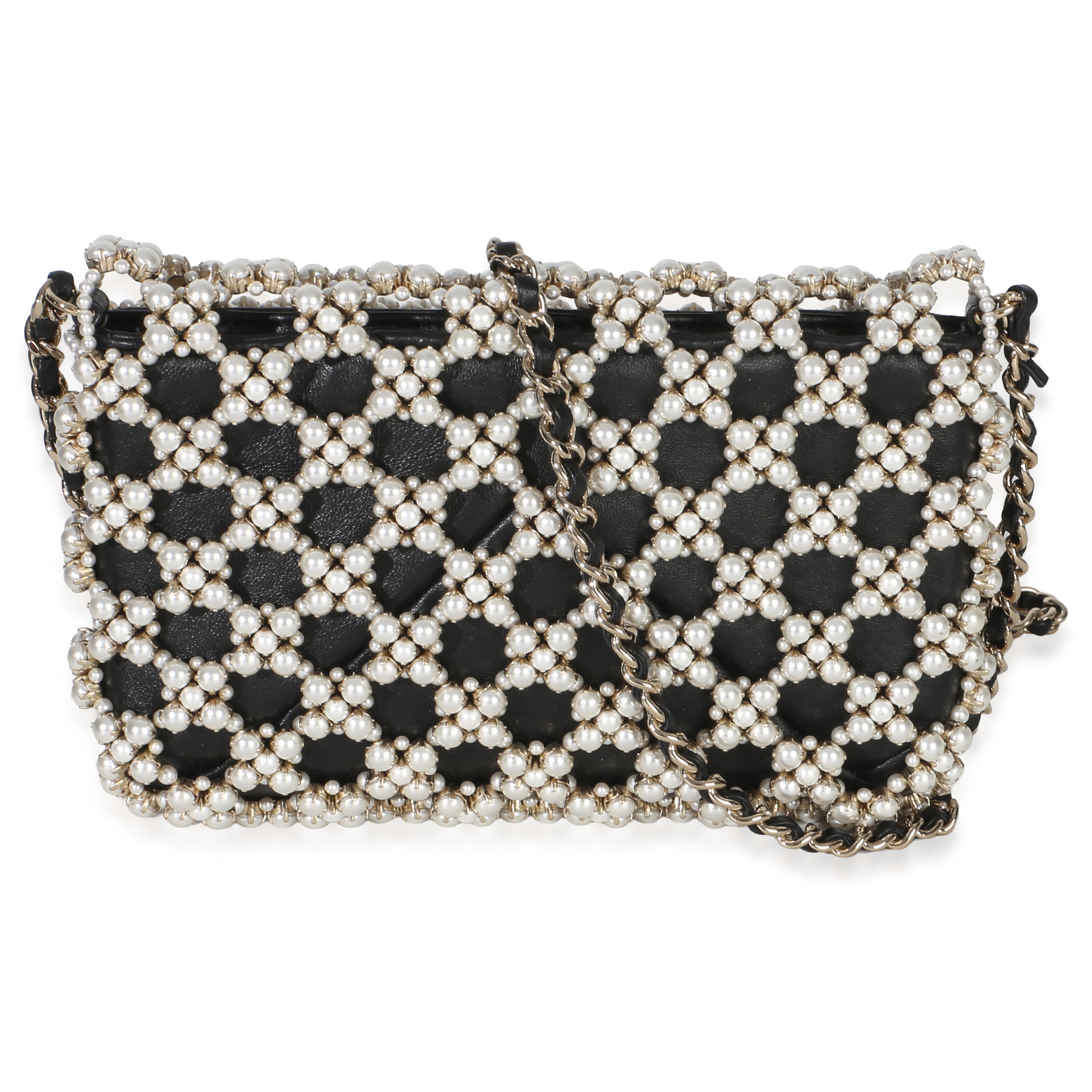 Black Gold Metal Pearl Embellished Mini Flap Bag