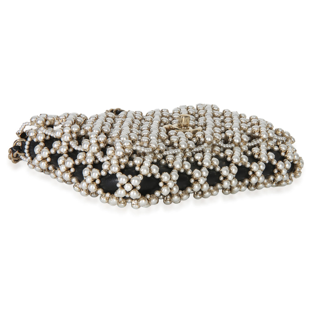 Black Gold Metal Pearl Embellished Mini Flap Bag