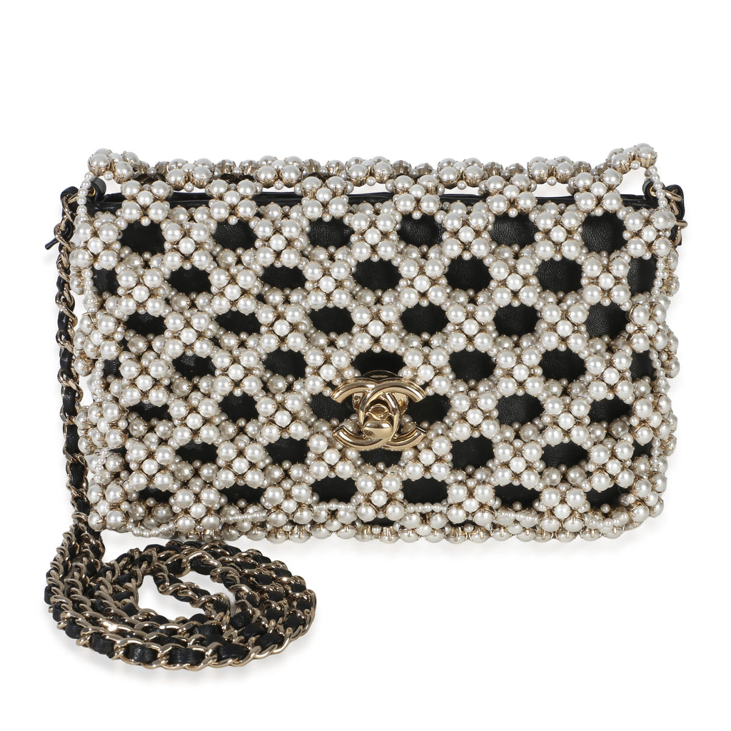 Black Gold Metal Pearl Embellished Mini Flap Bag