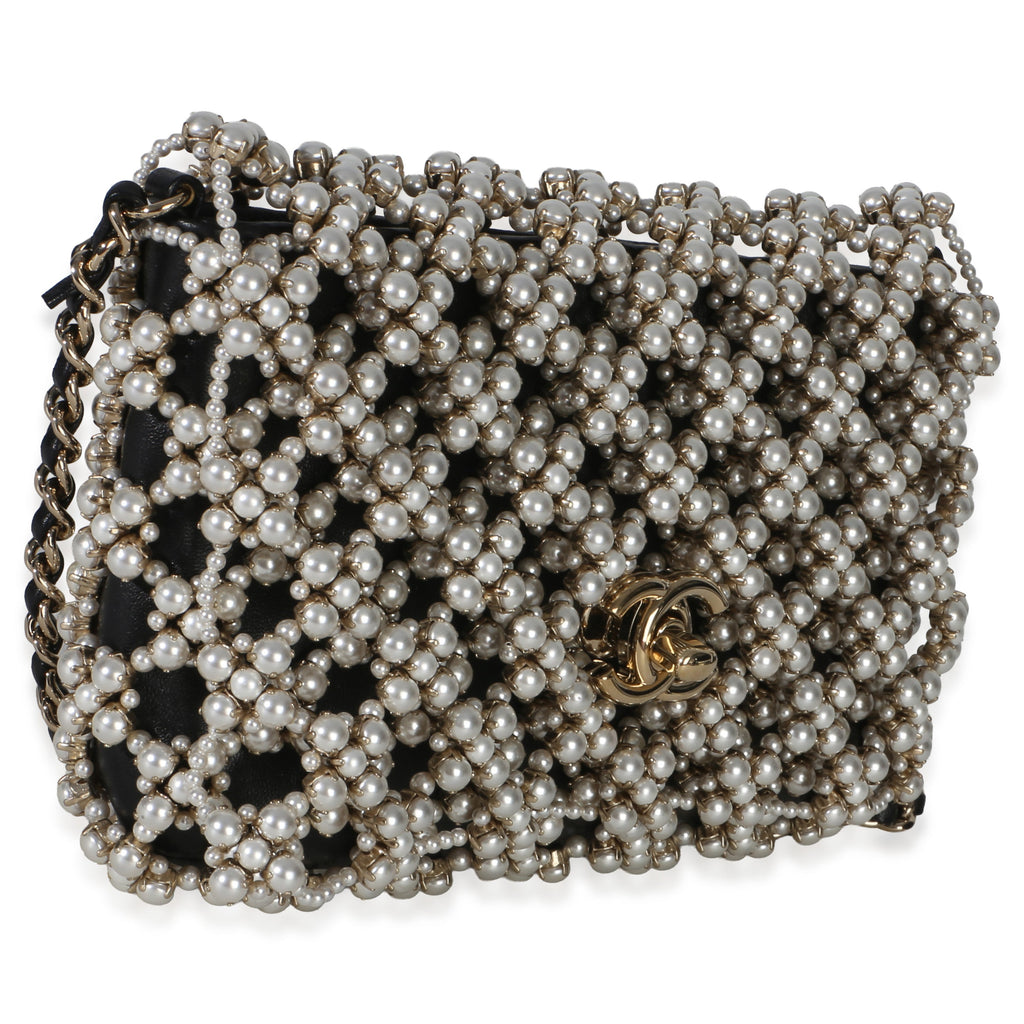 Black Gold Metal Pearl Embellished Mini Flap Bag