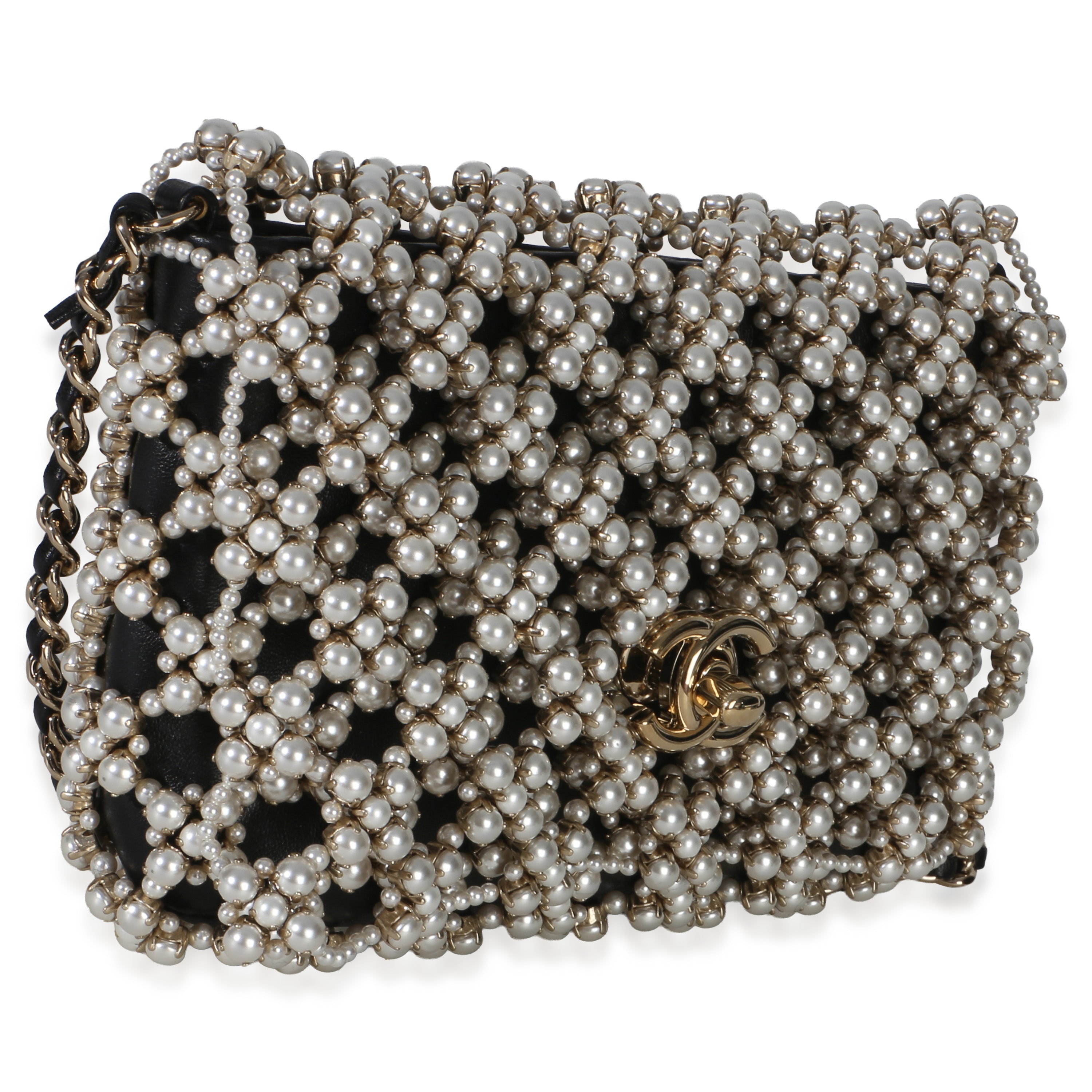 Black Gold Metal Pearl Embellished Mini Flap Bag