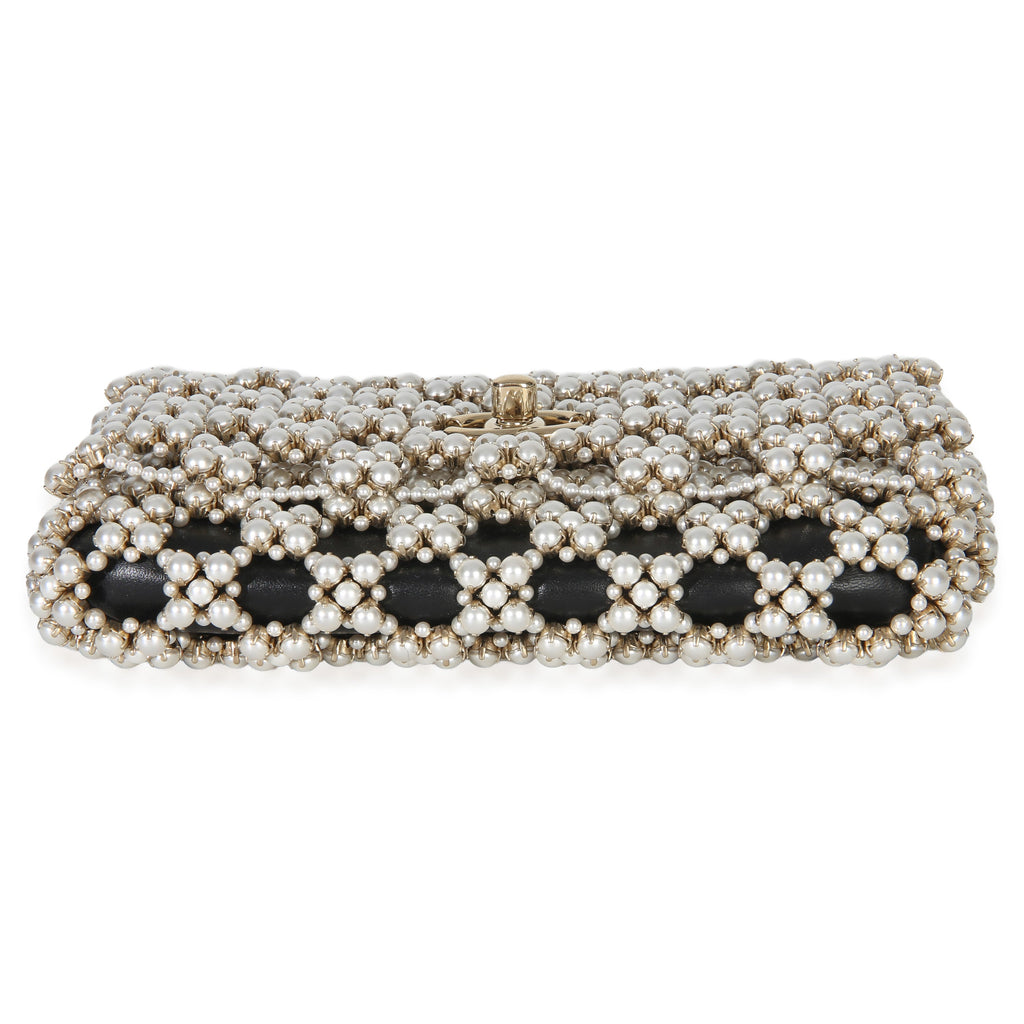 Black Gold Metal Pearl Embellished Mini Flap Bag