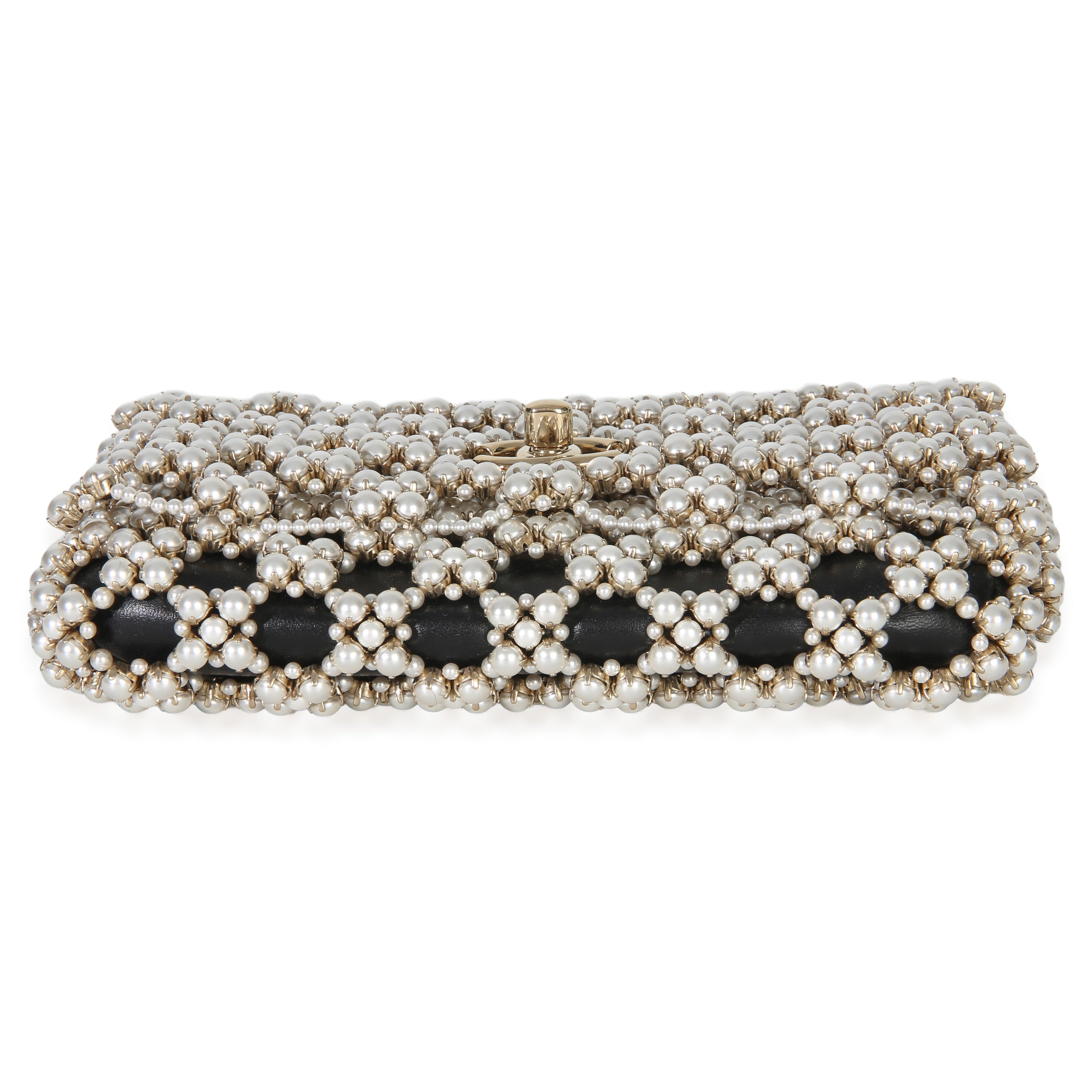 Black Gold Metal Pearl Embellished Mini Flap Bag