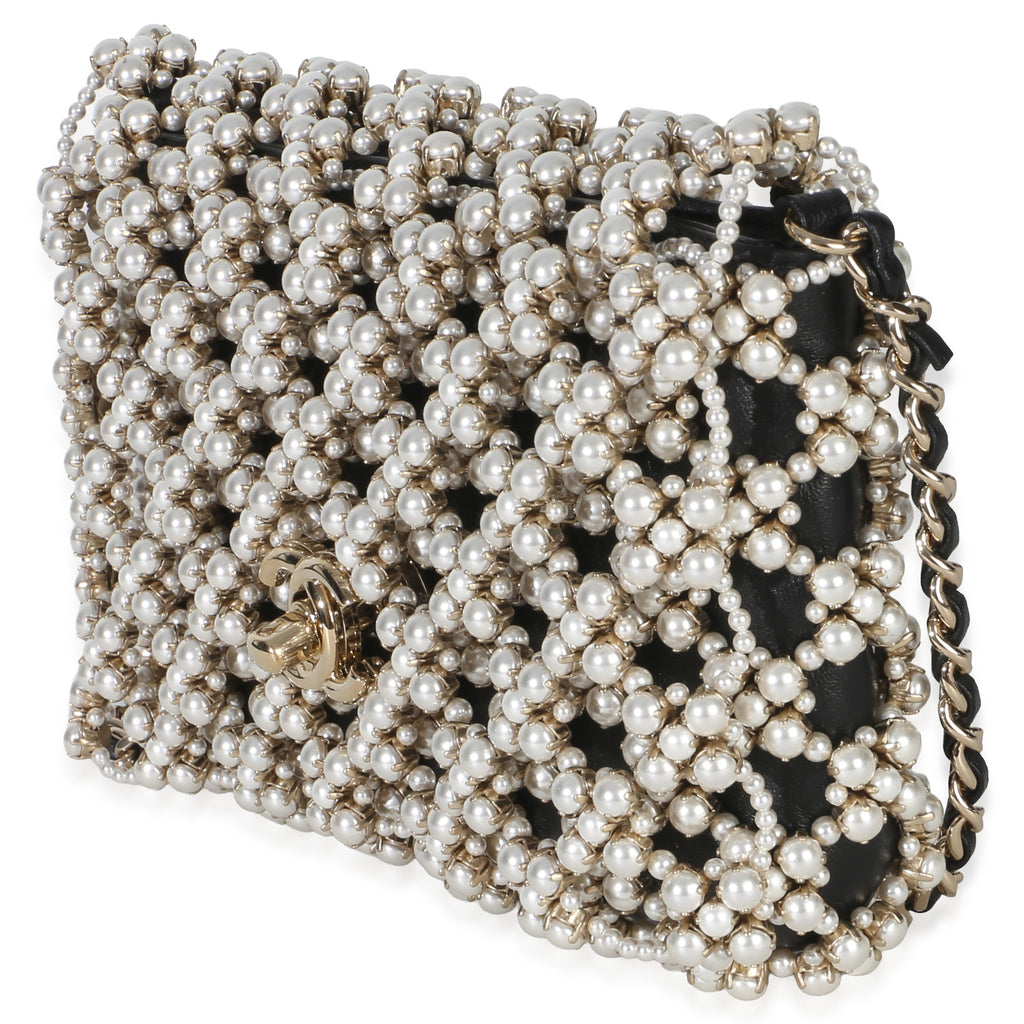 Black Gold Metal Pearl Embellished Mini Flap Bag
