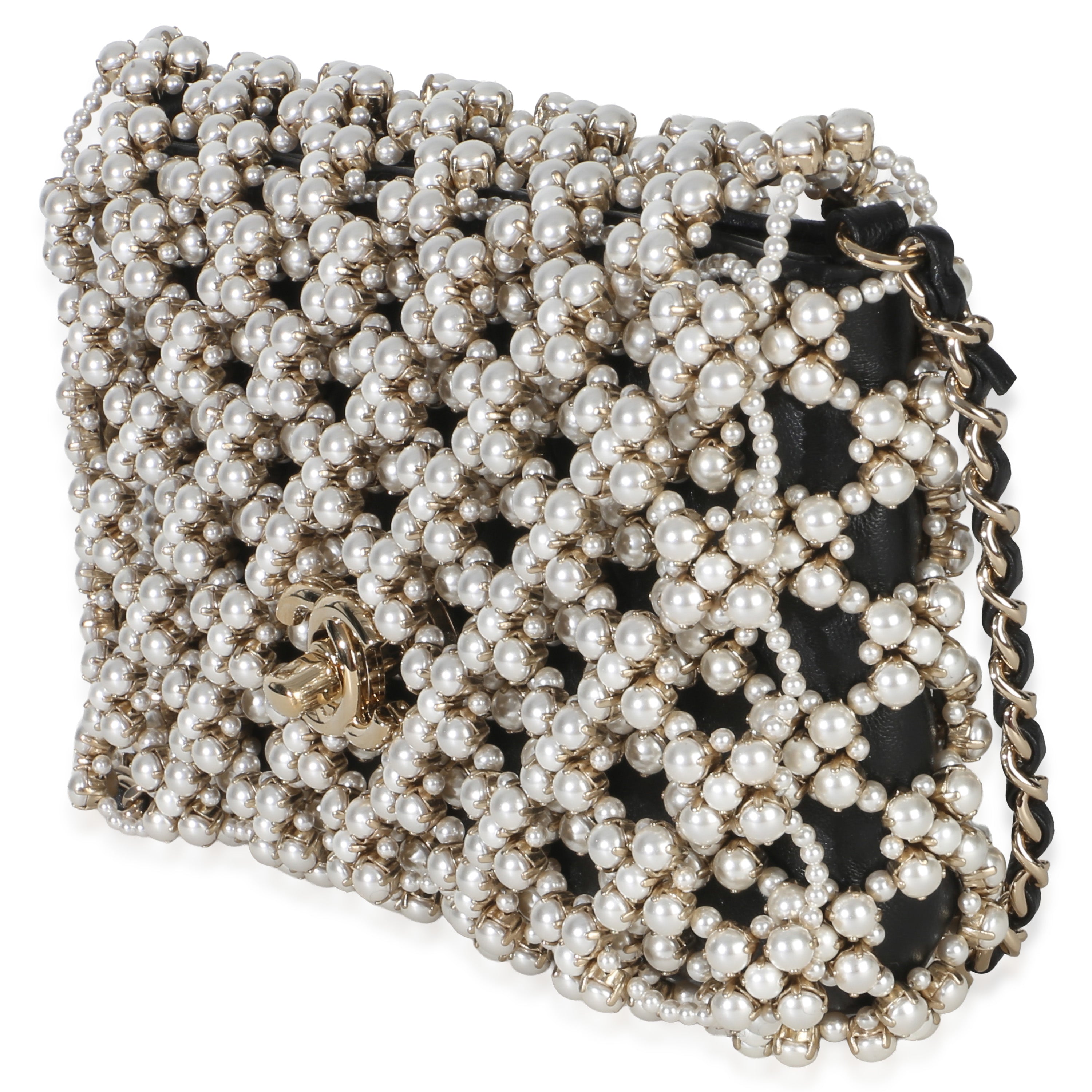 Black Gold Metal Pearl Embellished Mini Flap Bag
