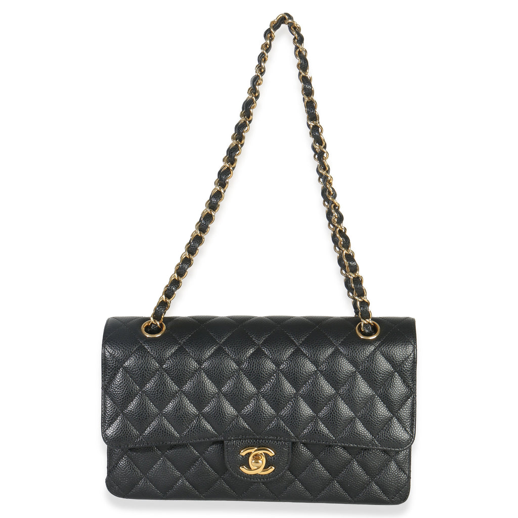 Black Quilted Caviar Medium Classic Double Flap Handbag