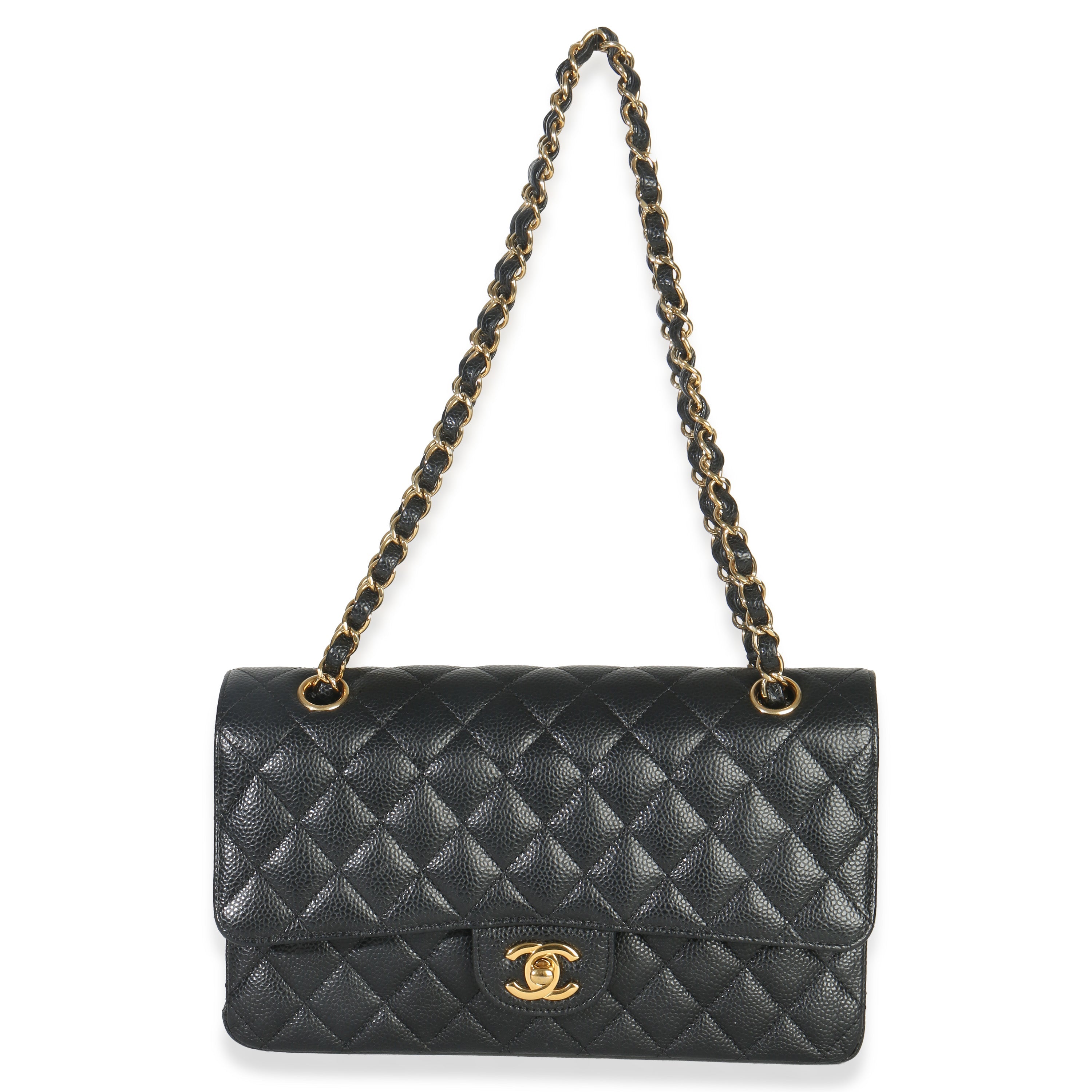 Black Quilted Caviar Medium Classic Double Flap Handbag