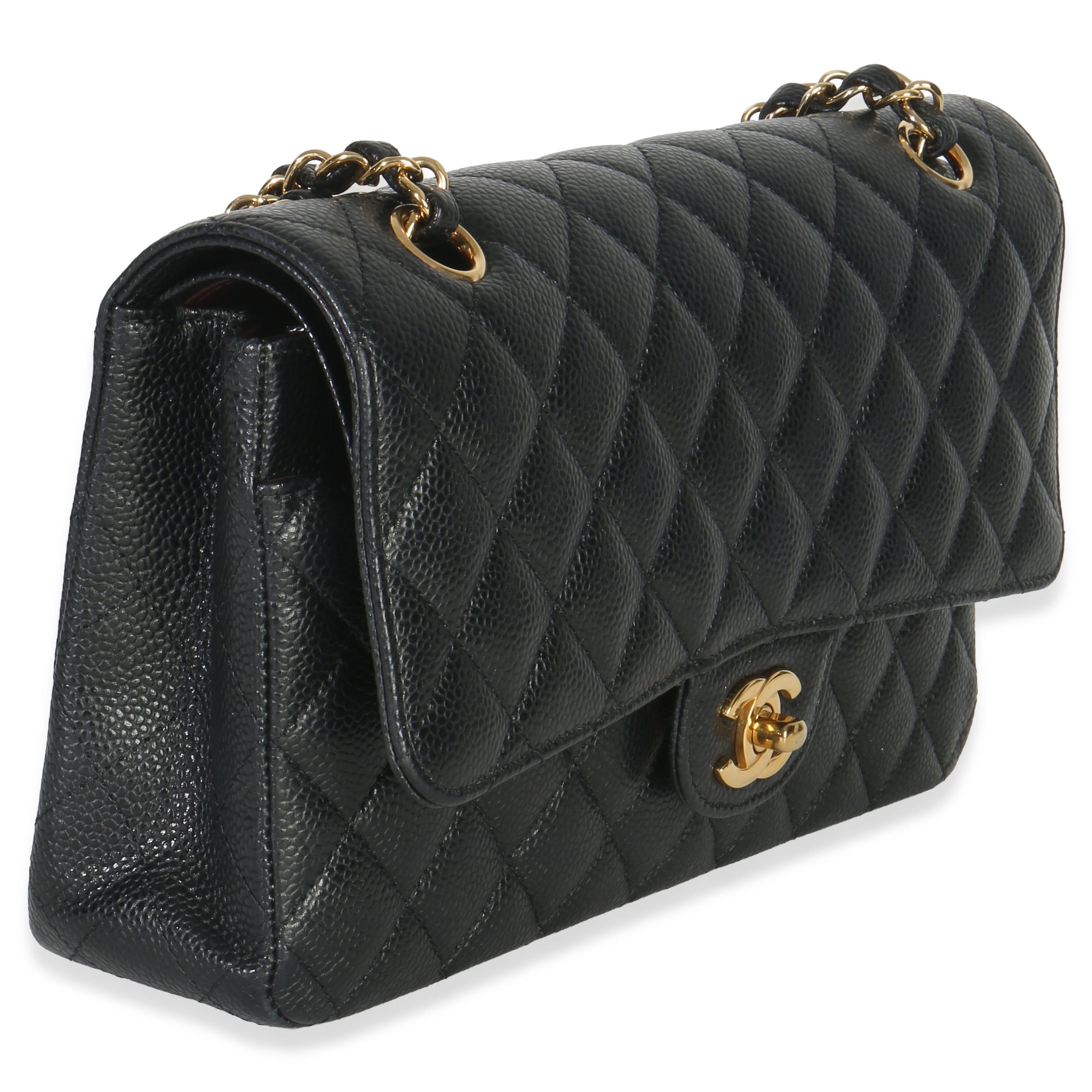 Black Quilted Caviar Medium Classic Double Flap Handbag