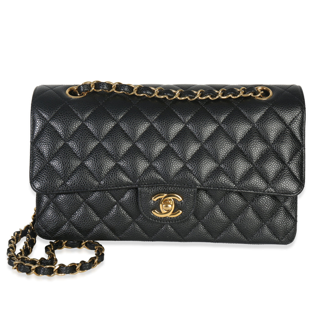 Black Quilted Caviar Medium Classic Double Flap Handbag
