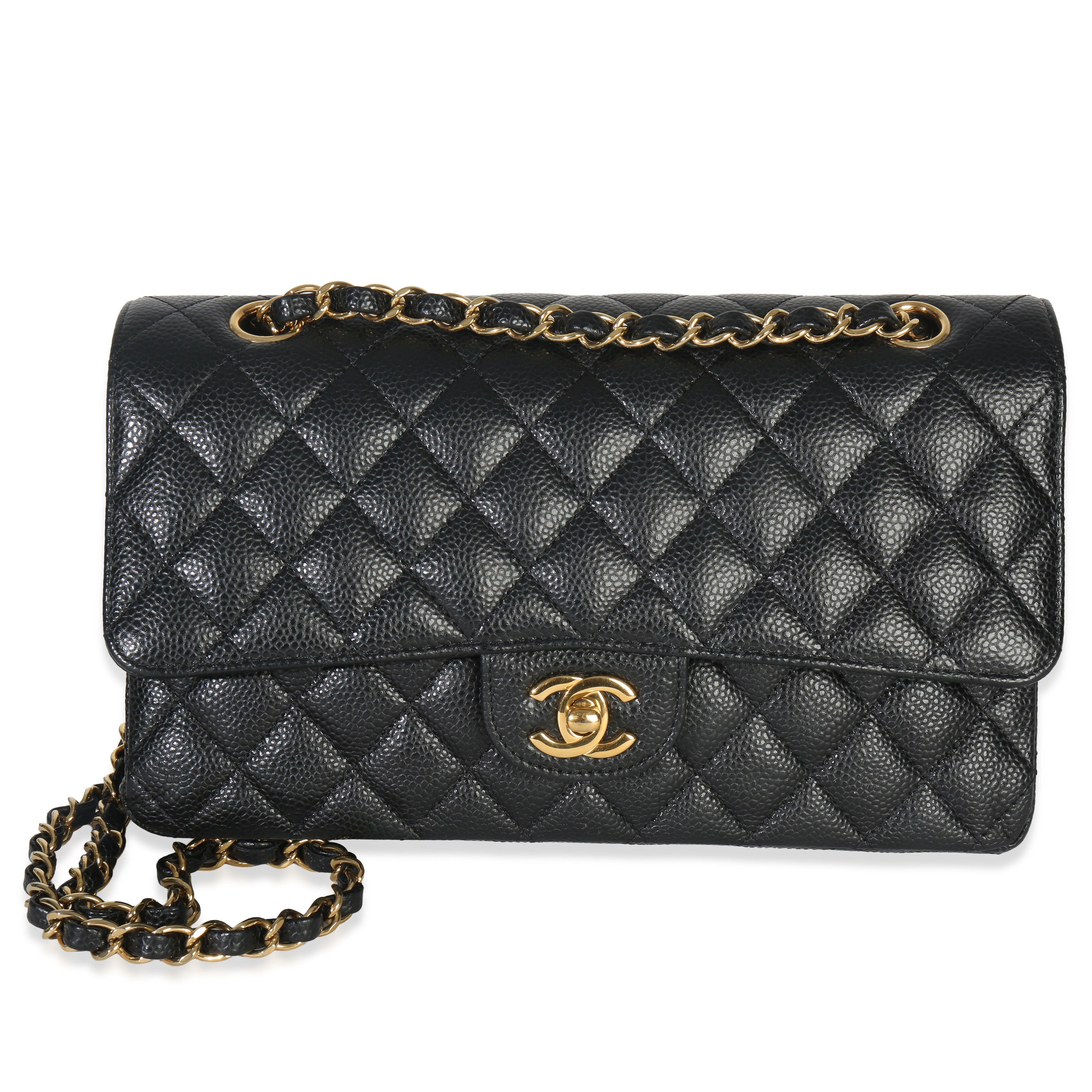Black Quilted Caviar Medium Classic Double Flap Handbag