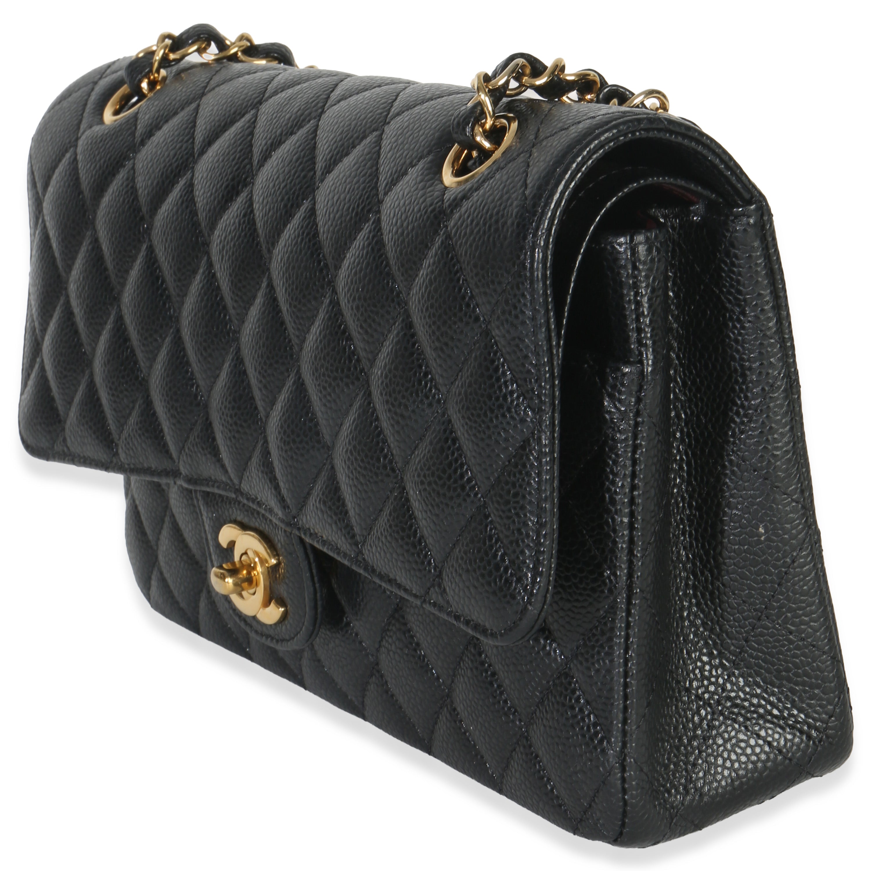 Black Quilted Caviar Medium Classic Double Flap Handbag