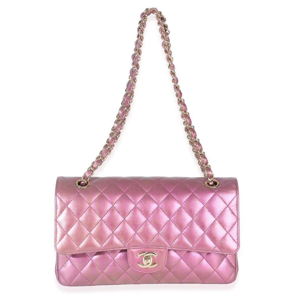 Dark Pink Iridescent Quilted Lambskin Medium Classic Double Flap Bag
