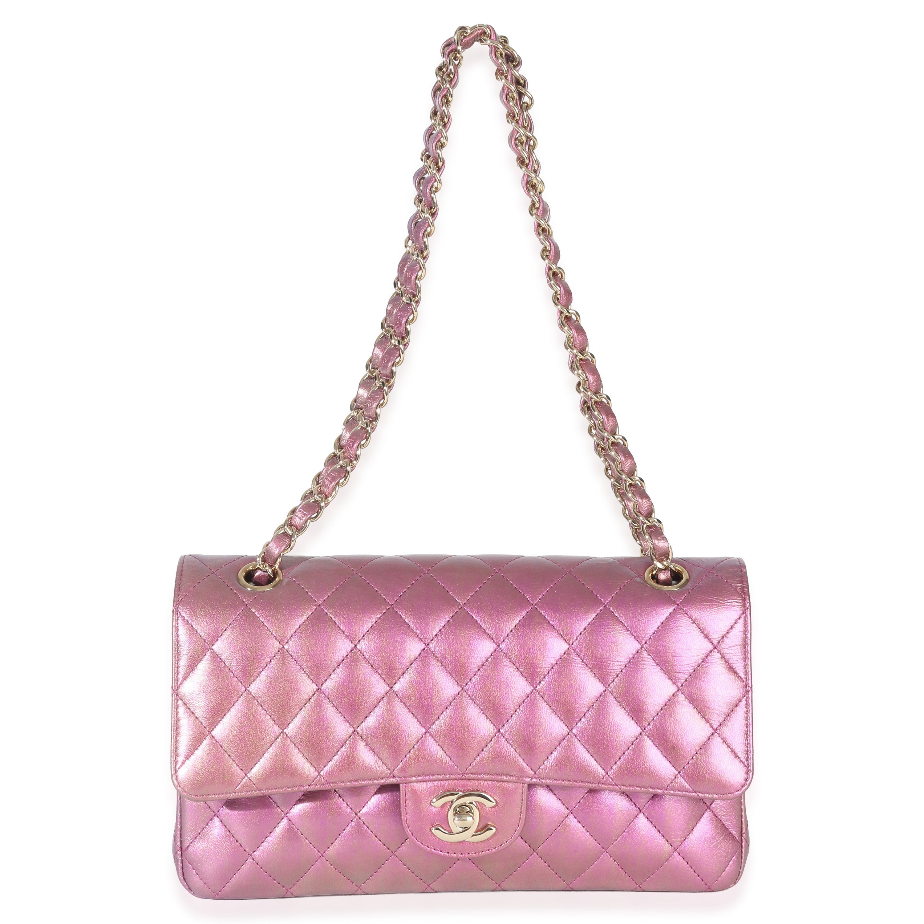 Dark Pink Iridescent Quilted Lambskin Medium Classic Double Flap Bag