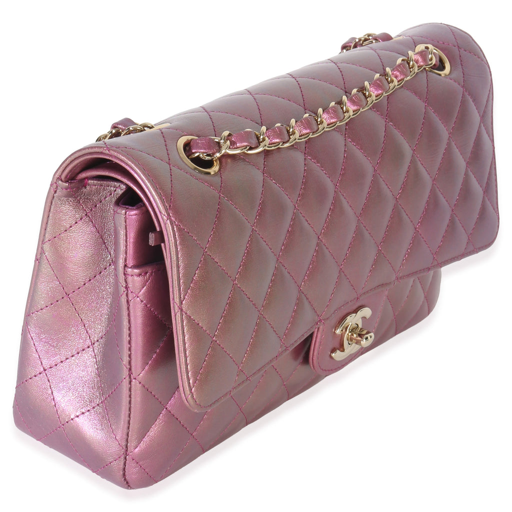 Dark Pink Iridescent Quilted Lambskin Medium Classic Double Flap Bag