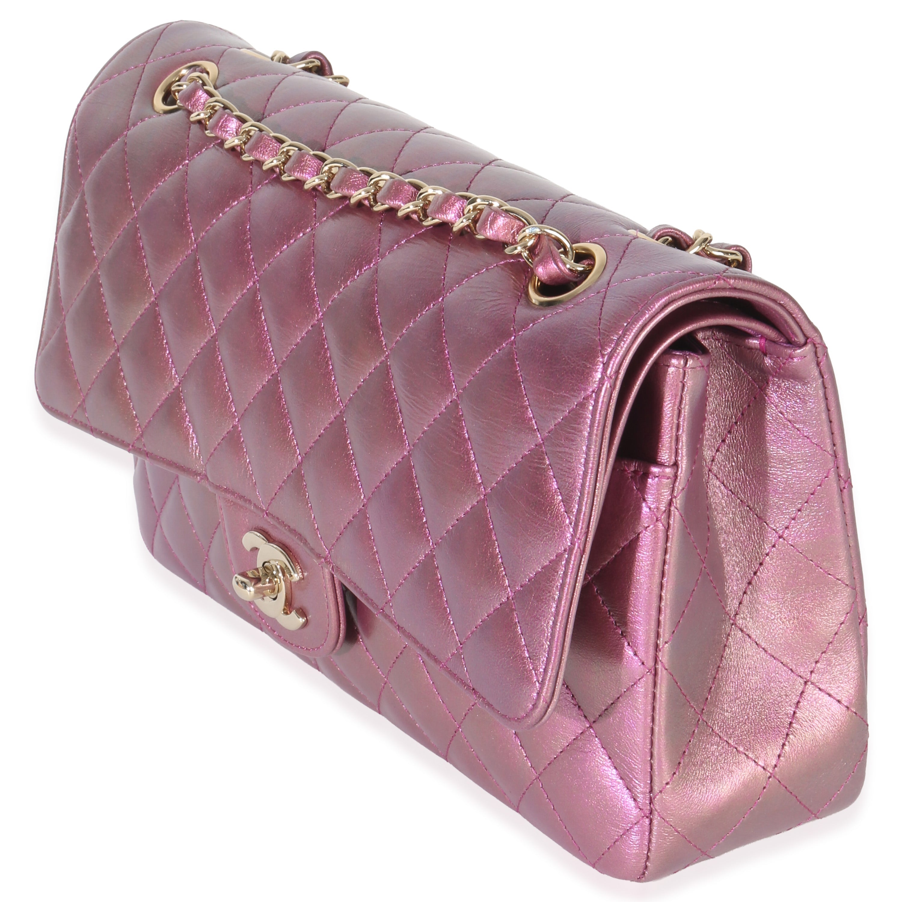 Dark Pink Iridescent Quilted Lambskin Medium Classic Double Flap Bag