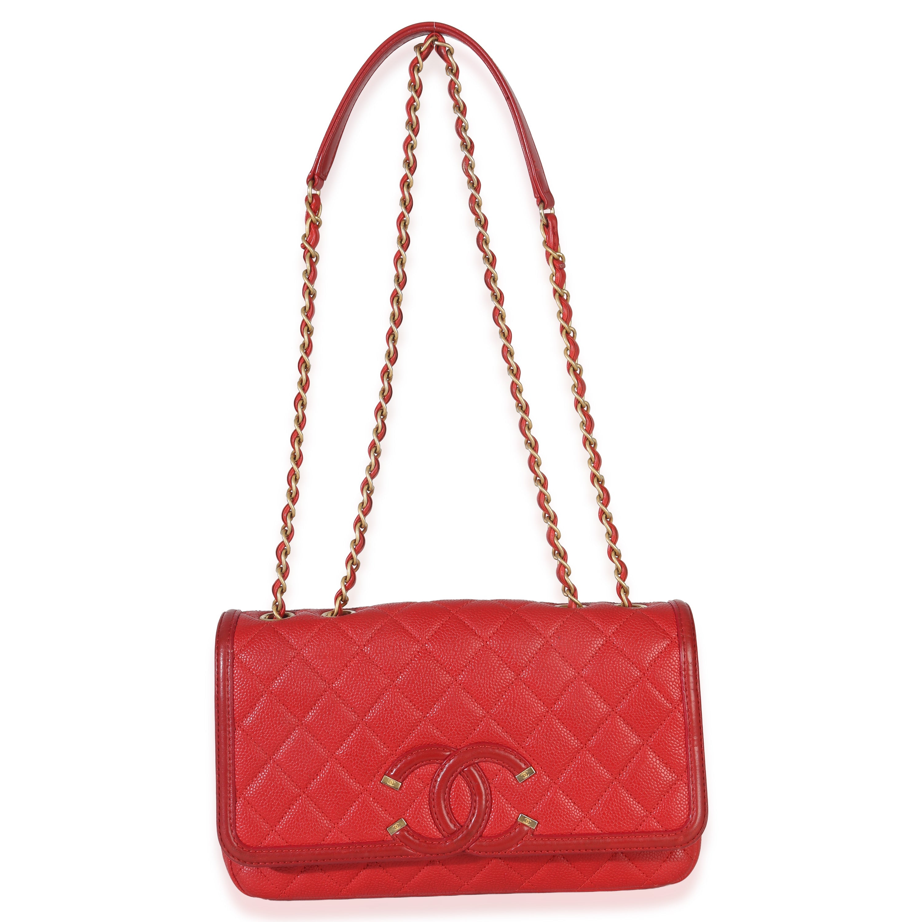 Red Quilted Caviar Medium Filigree Flap Handbag