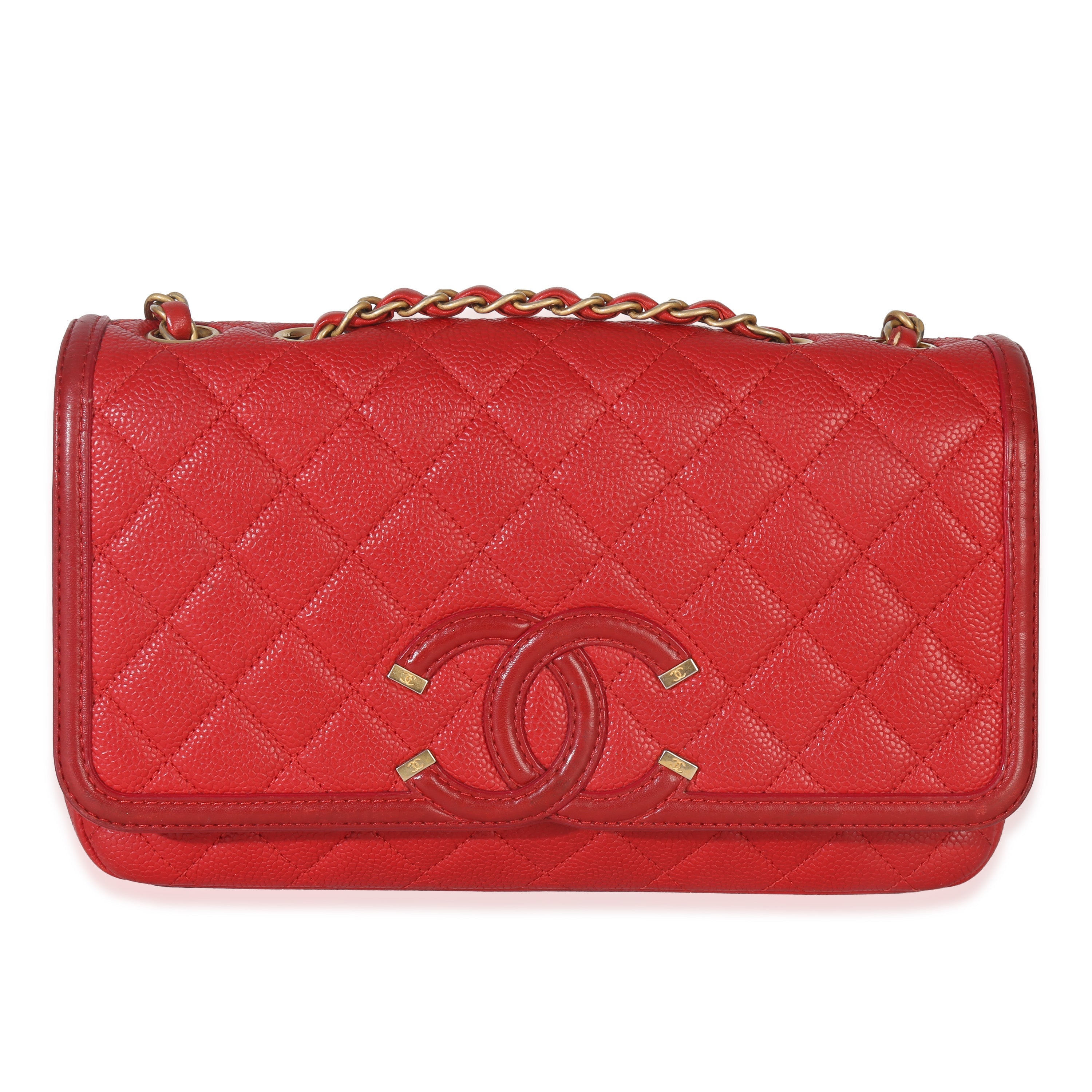 Red Quilted Caviar Medium Filigree Flap Handbag
