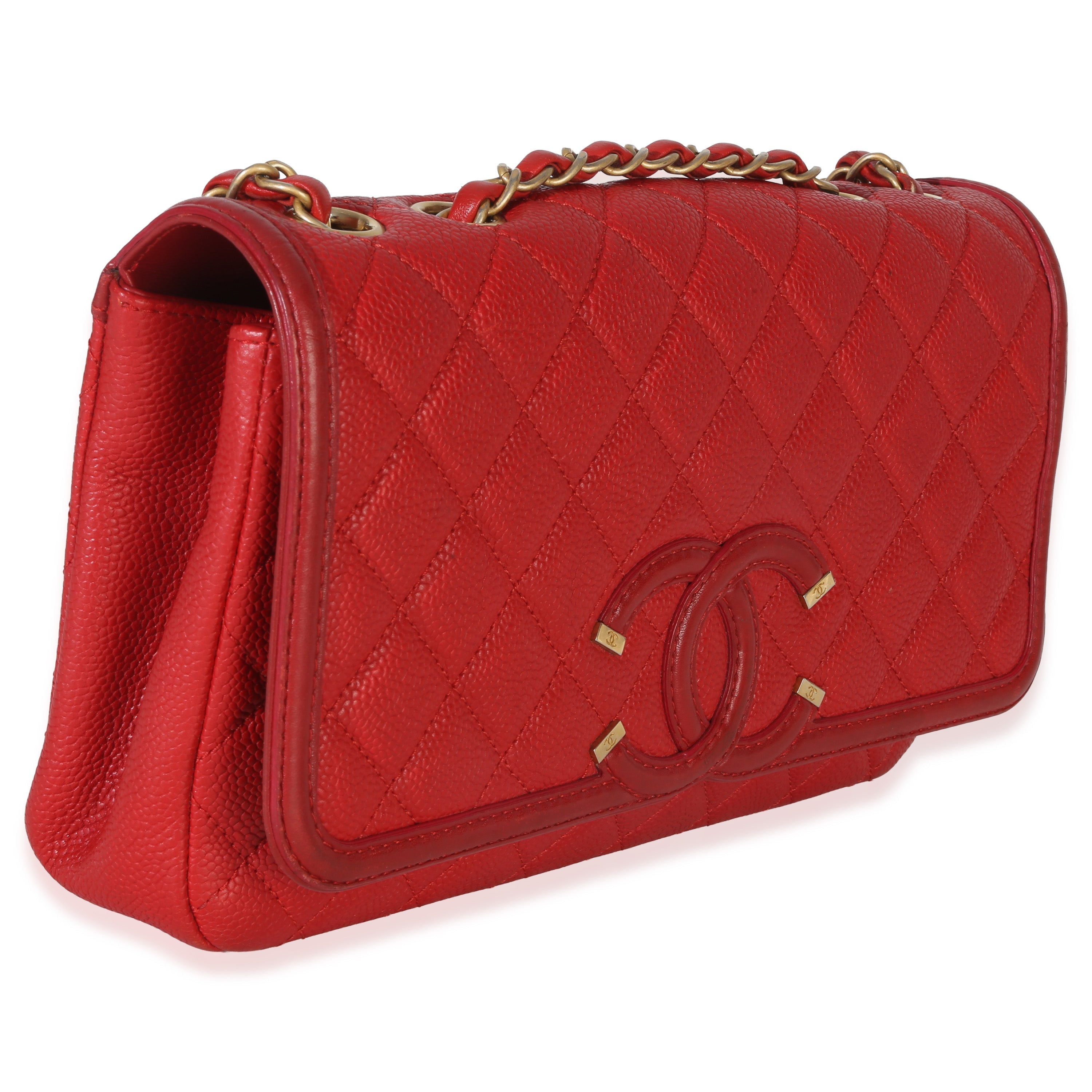 Red Quilted Caviar Medium Filigree Flap Handbag