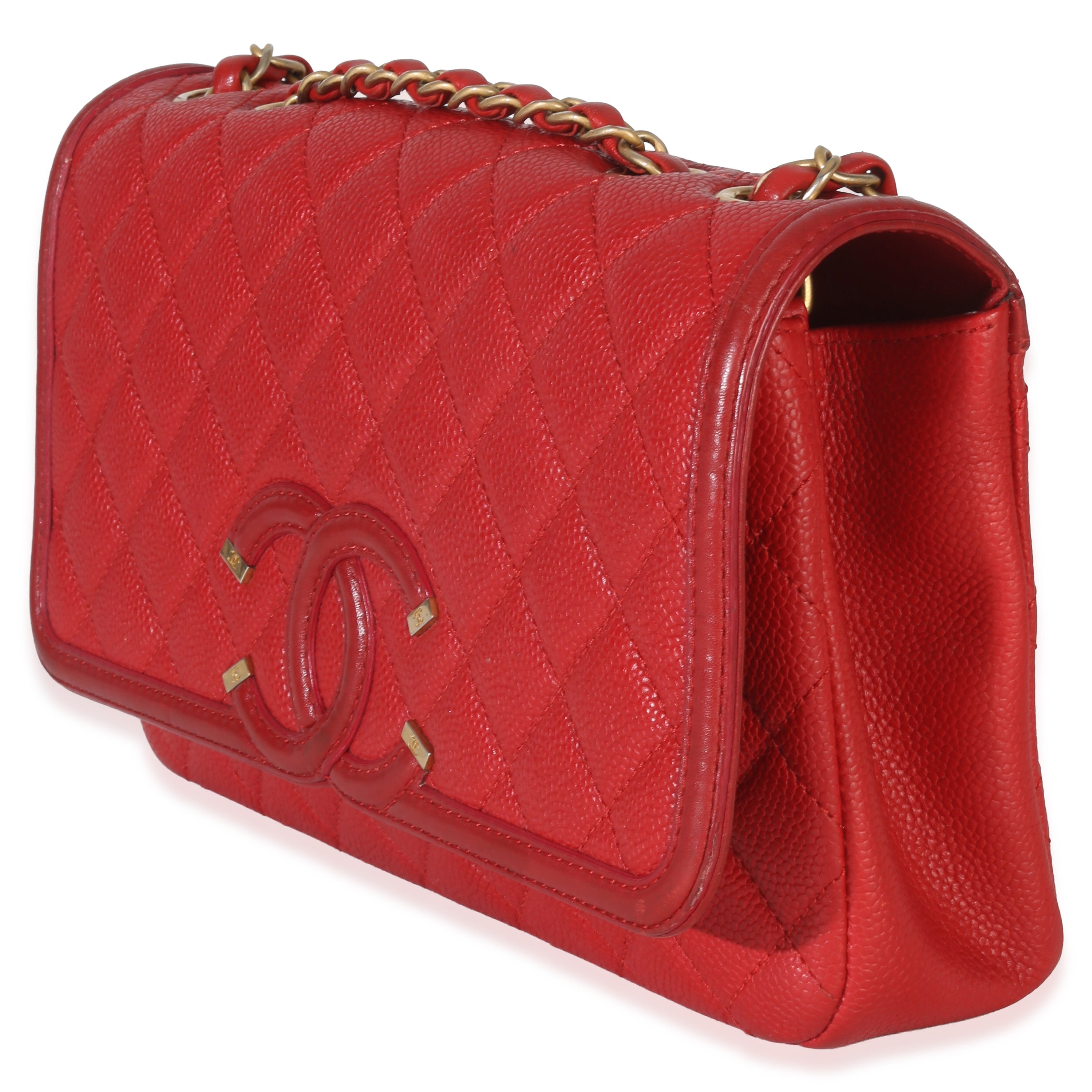 Red Quilted Caviar Medium Filigree Flap Handbag
