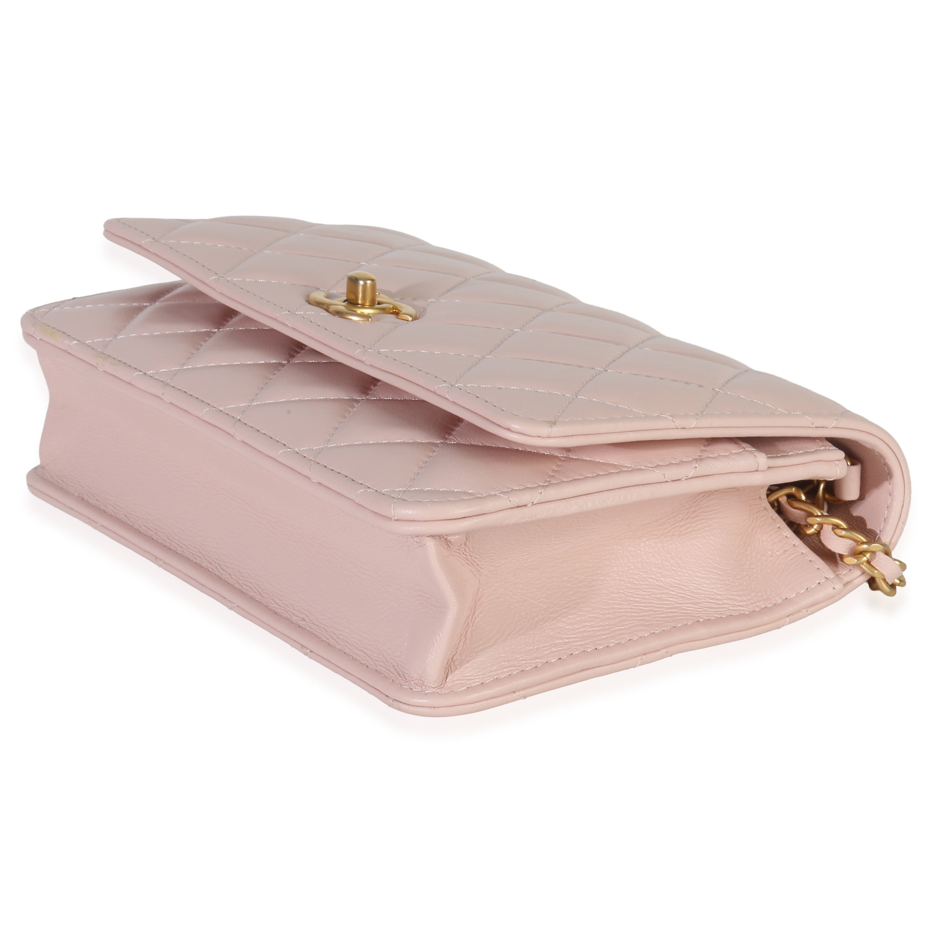 Pink Quilted Lambskin CC Pearl Crush Wallet On Chain
