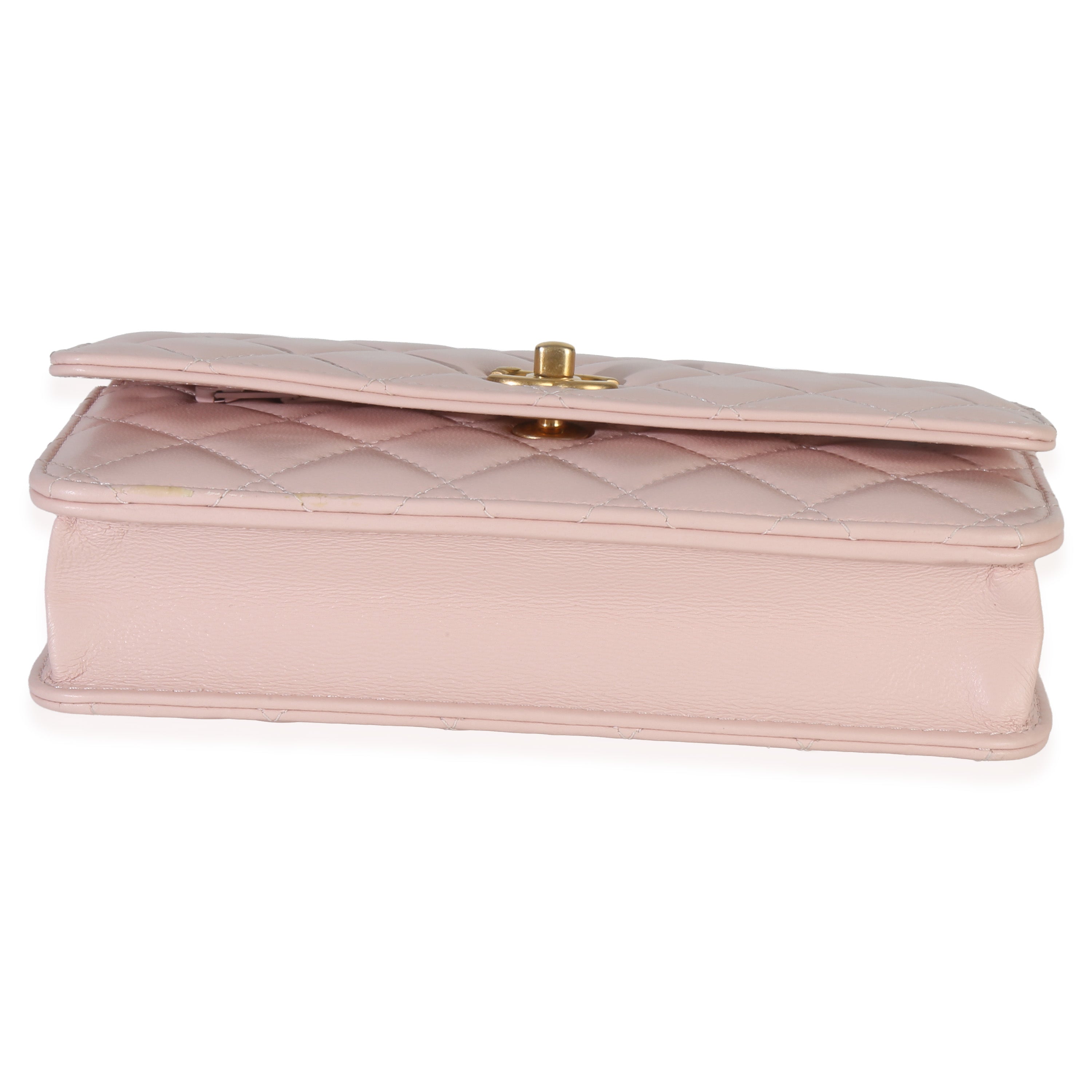 Pink Quilted Lambskin CC Pearl Crush Wallet On Chain