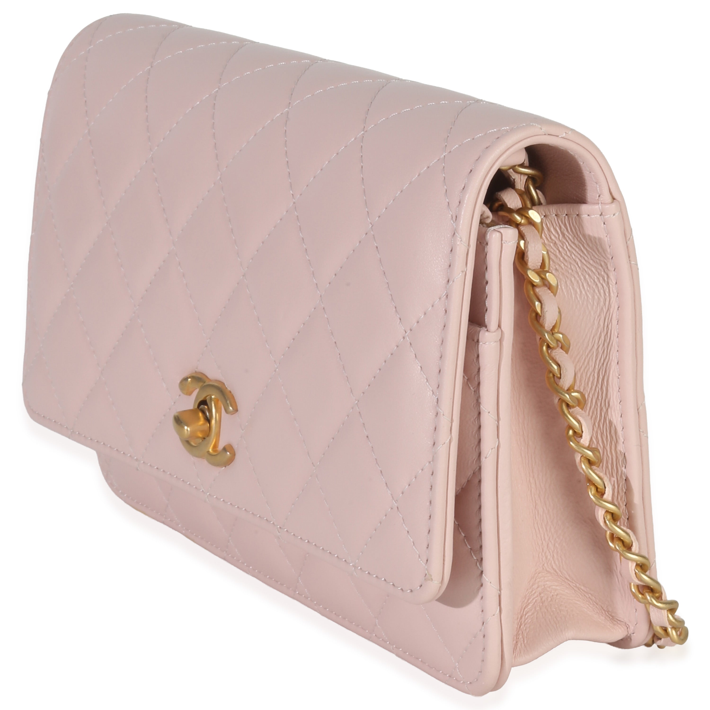 Pink Quilted Lambskin CC Pearl Crush Wallet On Chain