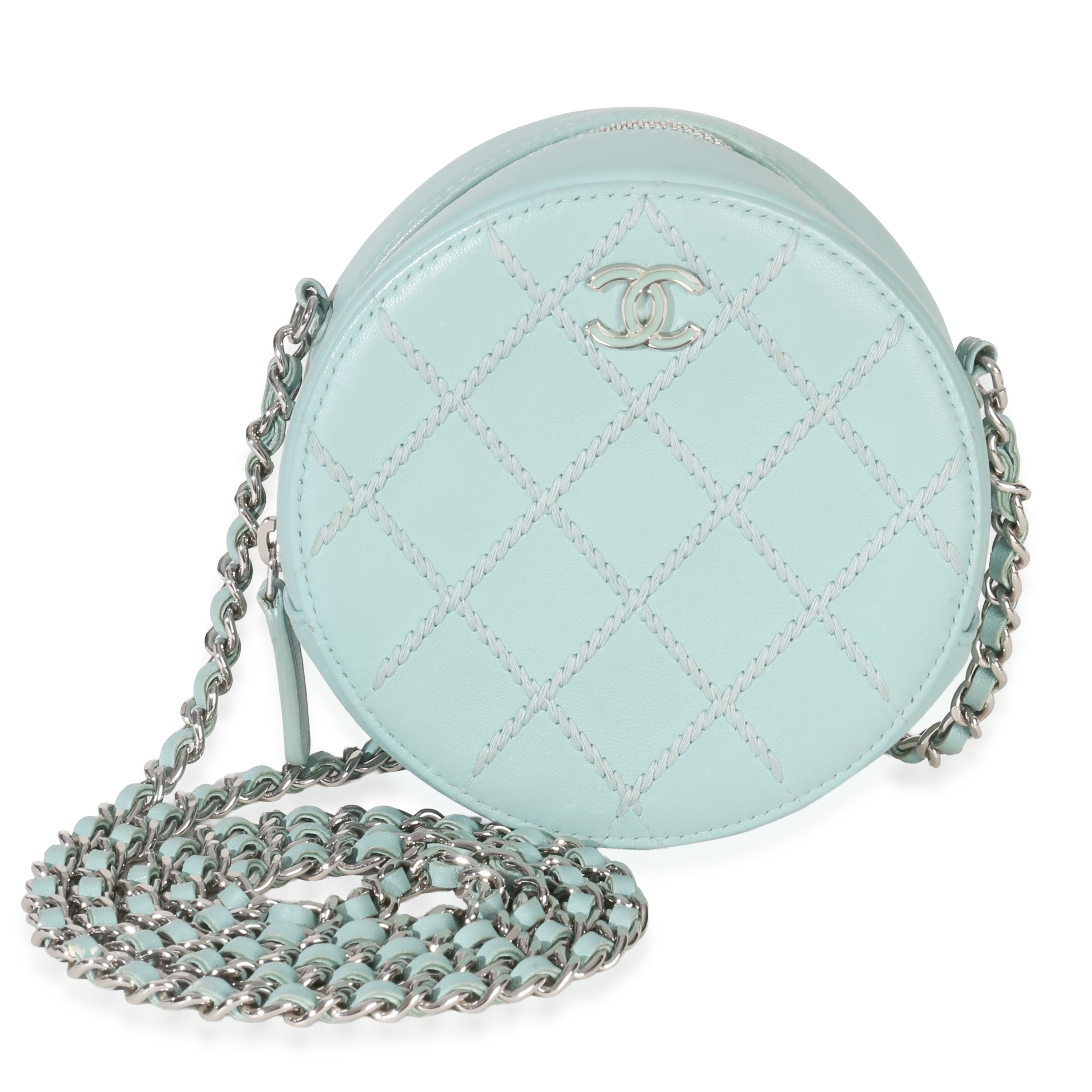 Teal Ultimate Stitch Lambskin Round Clutch On Chain