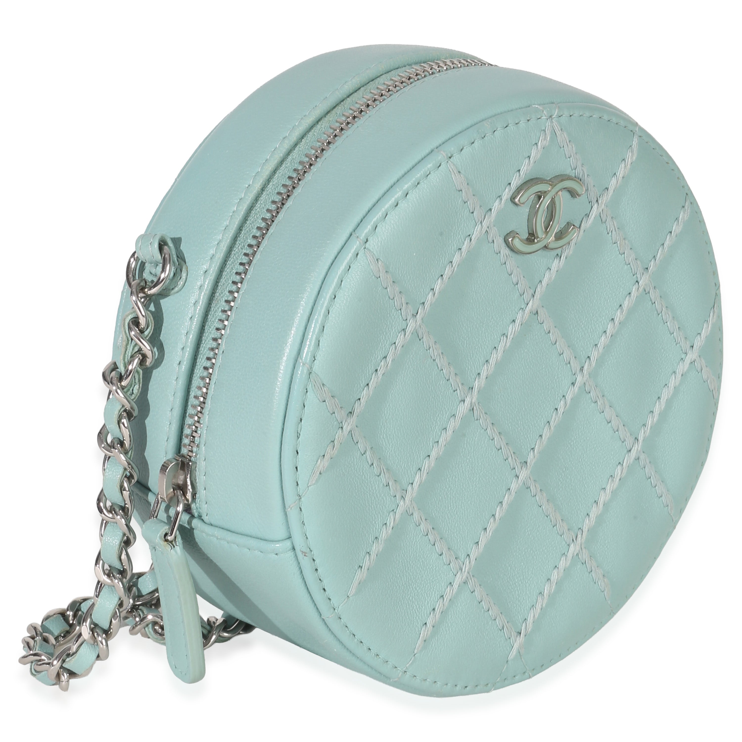 Teal Ultimate Stitch Lambskin Round Clutch On Chain