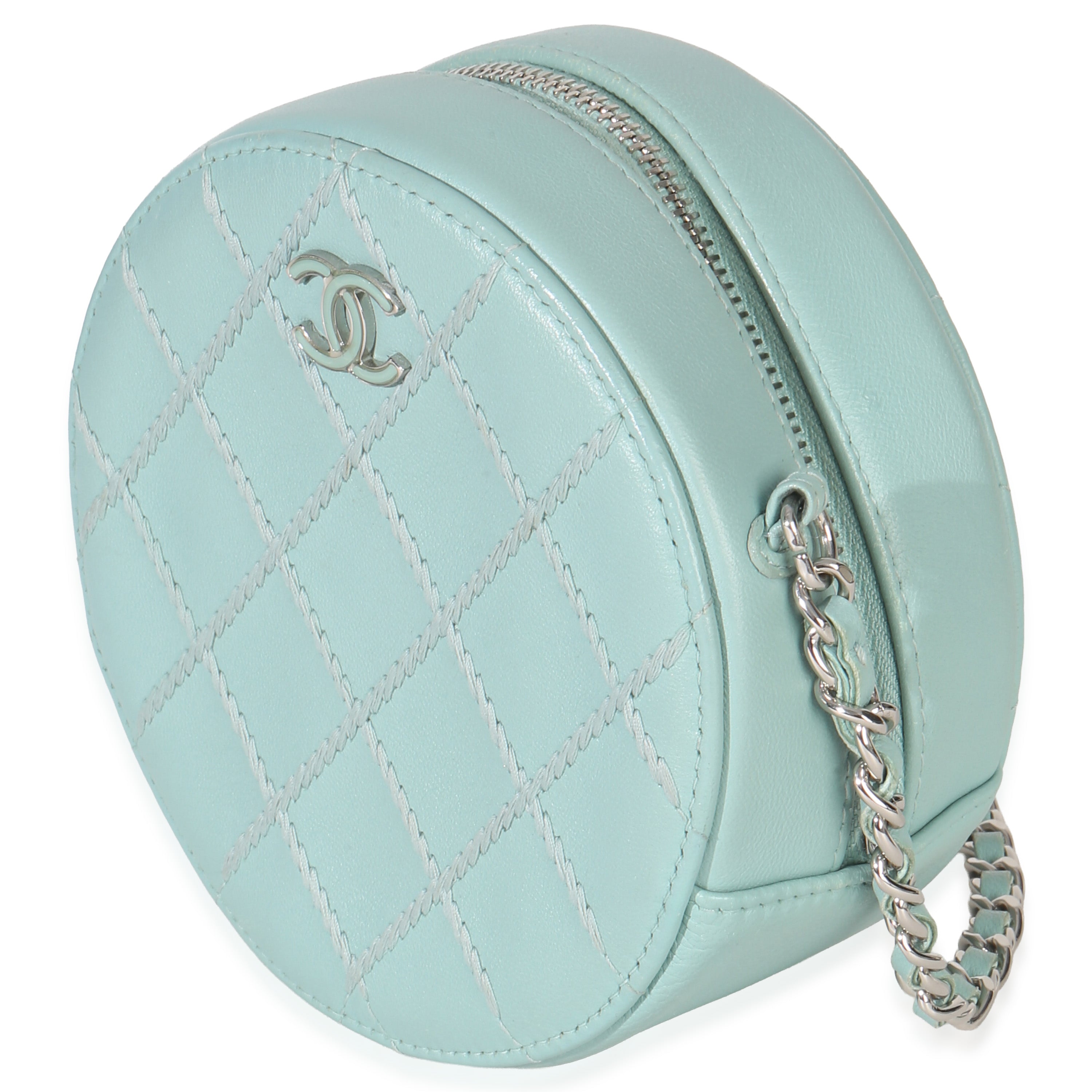 Teal Ultimate Stitch Lambskin Round Clutch On Chain