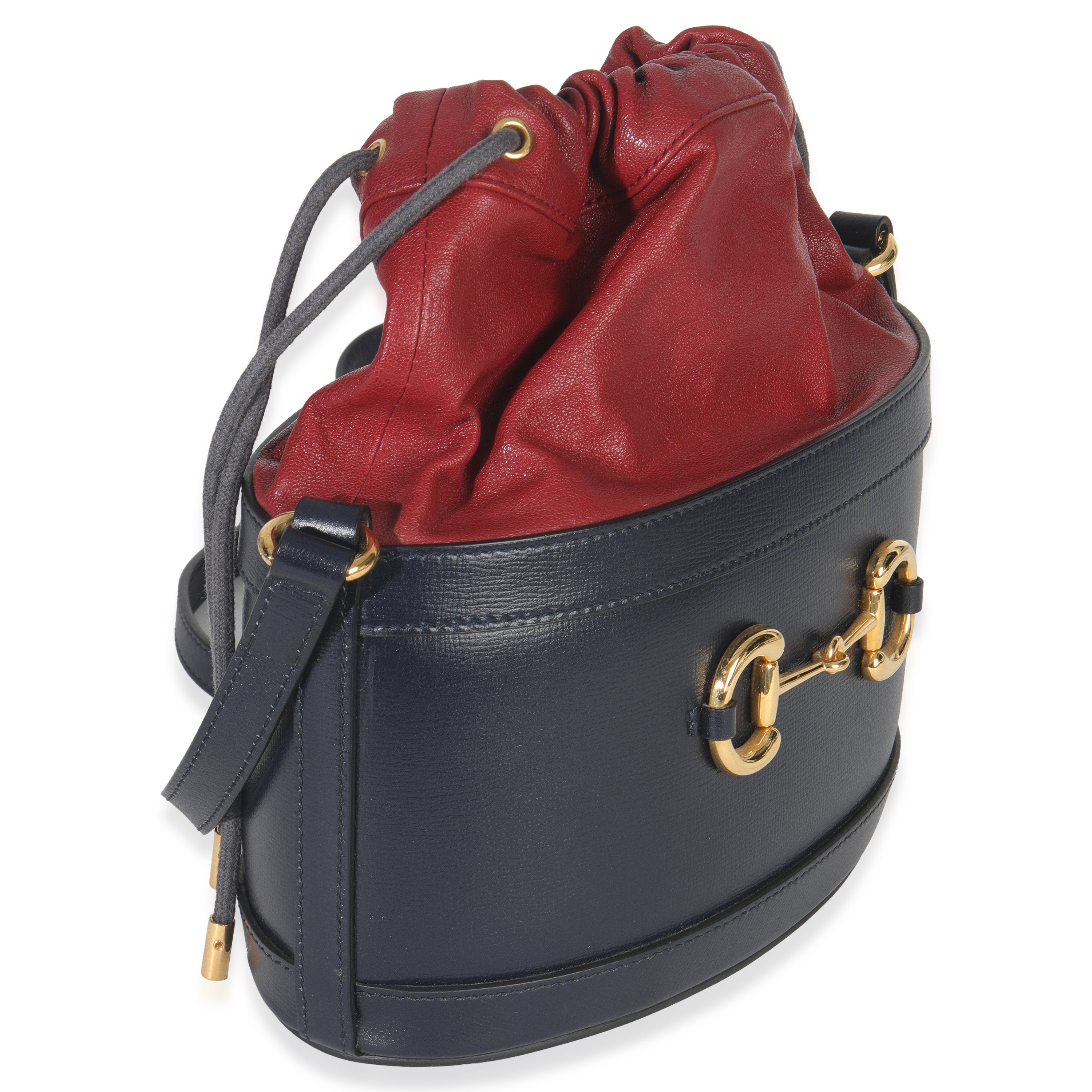 Red Navy Calfskin Horsebit 1955 Drawstring Bucket Bag