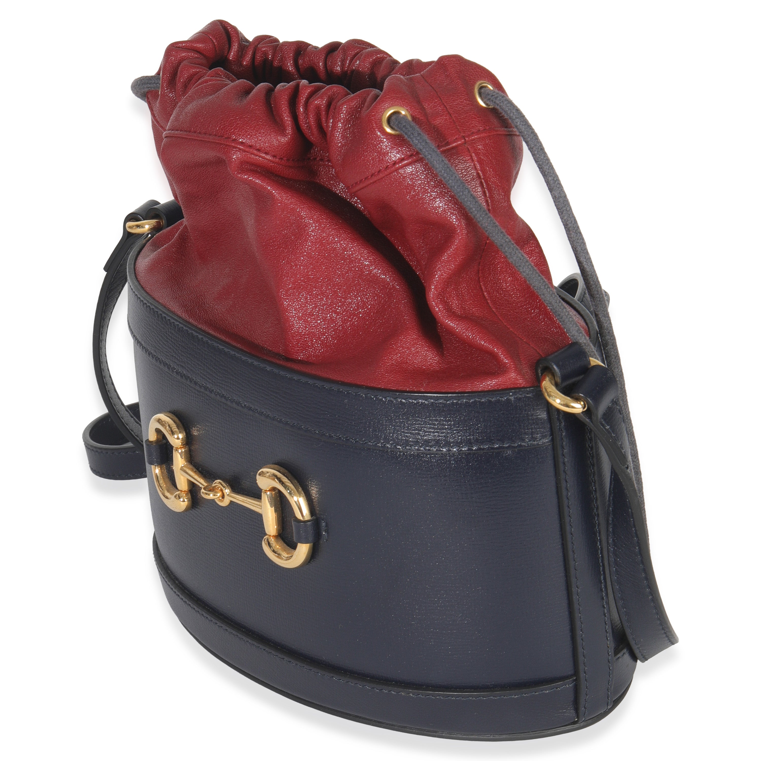 Red Navy Calfskin Horsebit 1955 Drawstring Bucket Bag