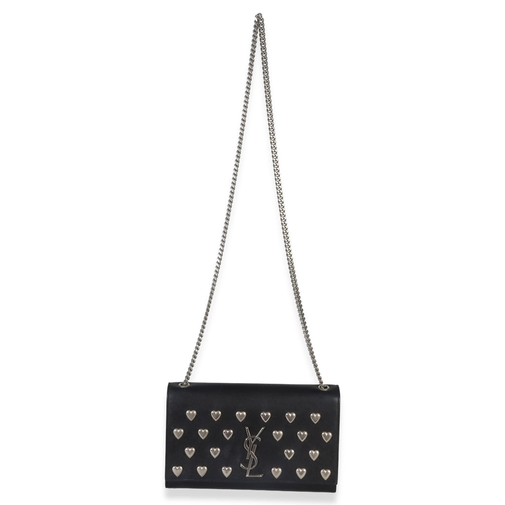 Black Smooth Calfskin Studded Heart Medium Kate Chain Bag