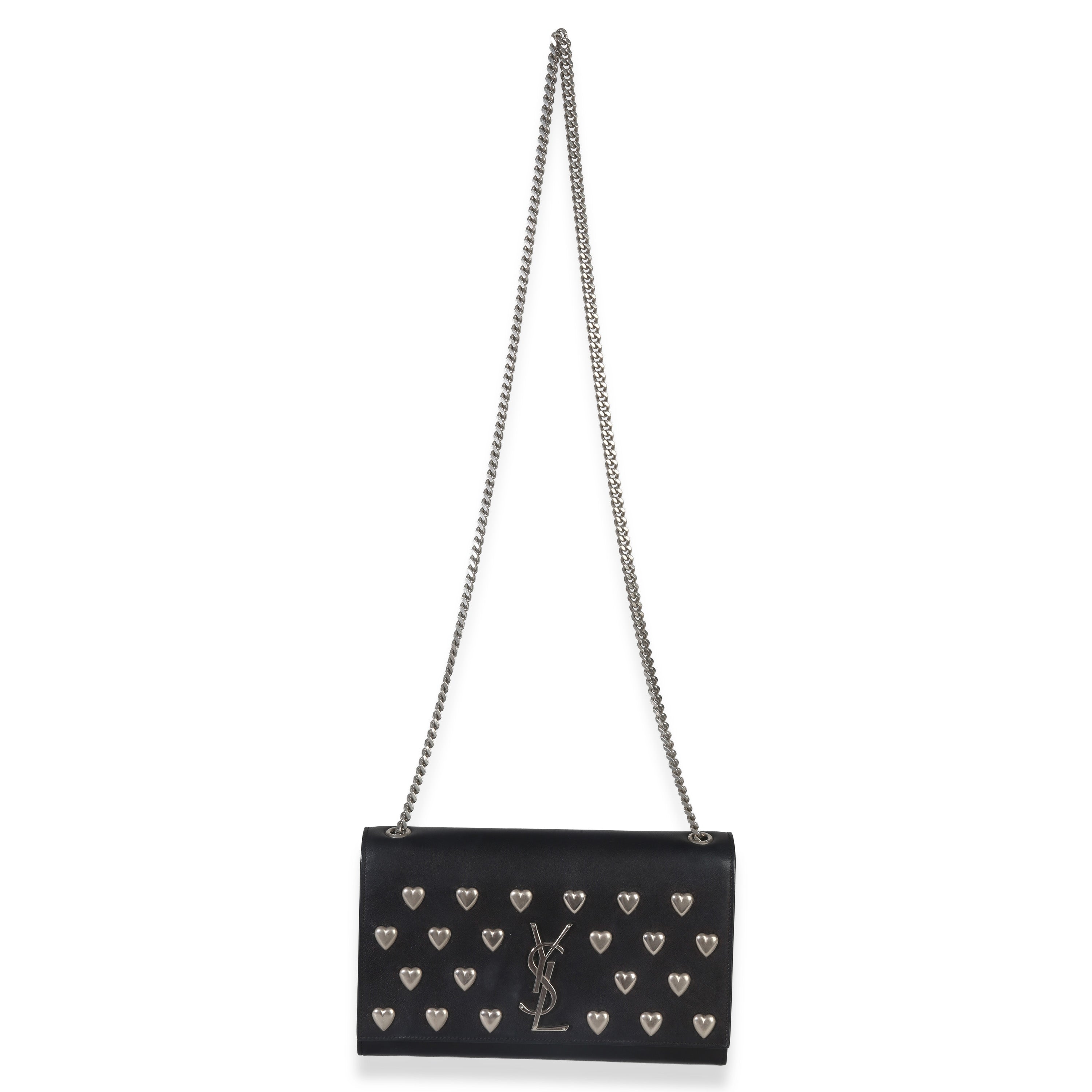 Black Smooth Calfskin Studded Heart Medium Kate Chain Bag