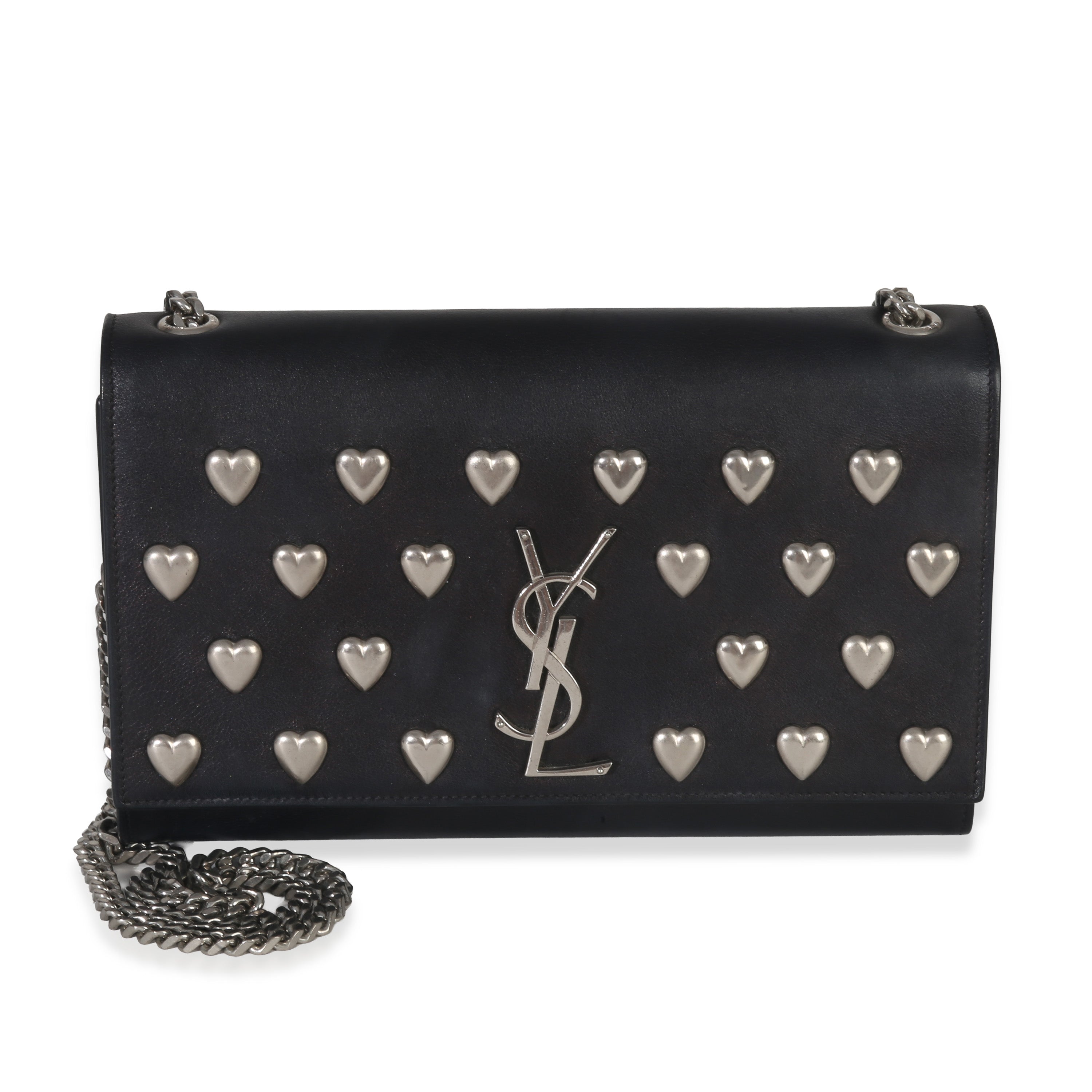 Black Smooth Calfskin Studded Heart Medium Kate Chain Bag